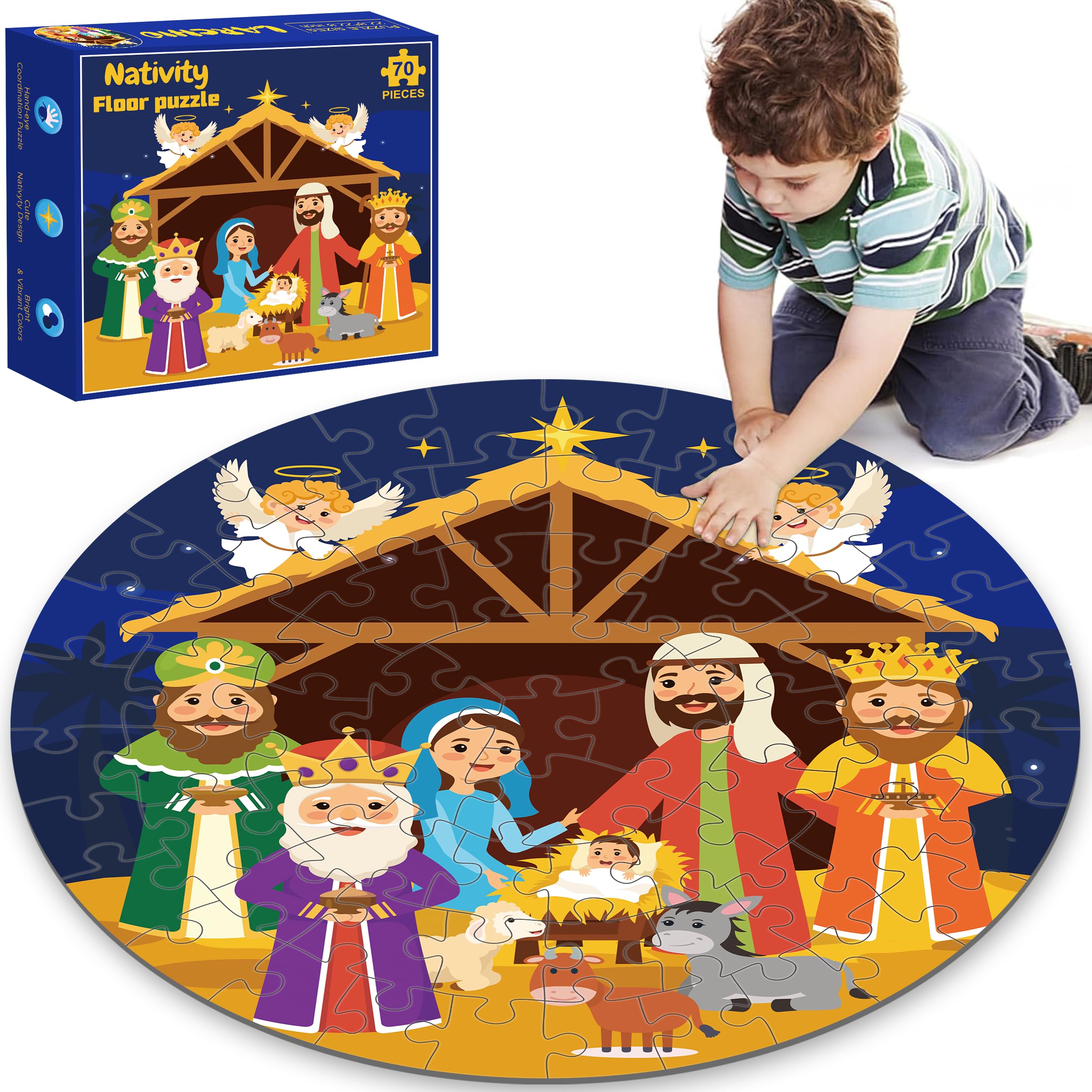 Nativity Scene Floor Puzzles for Kids Age 4-8, 70pcs Large Christmas Nativity Jigsaw Puzzles Educational Kids Puzzles Ages 3-6 for Kids Boys Girls