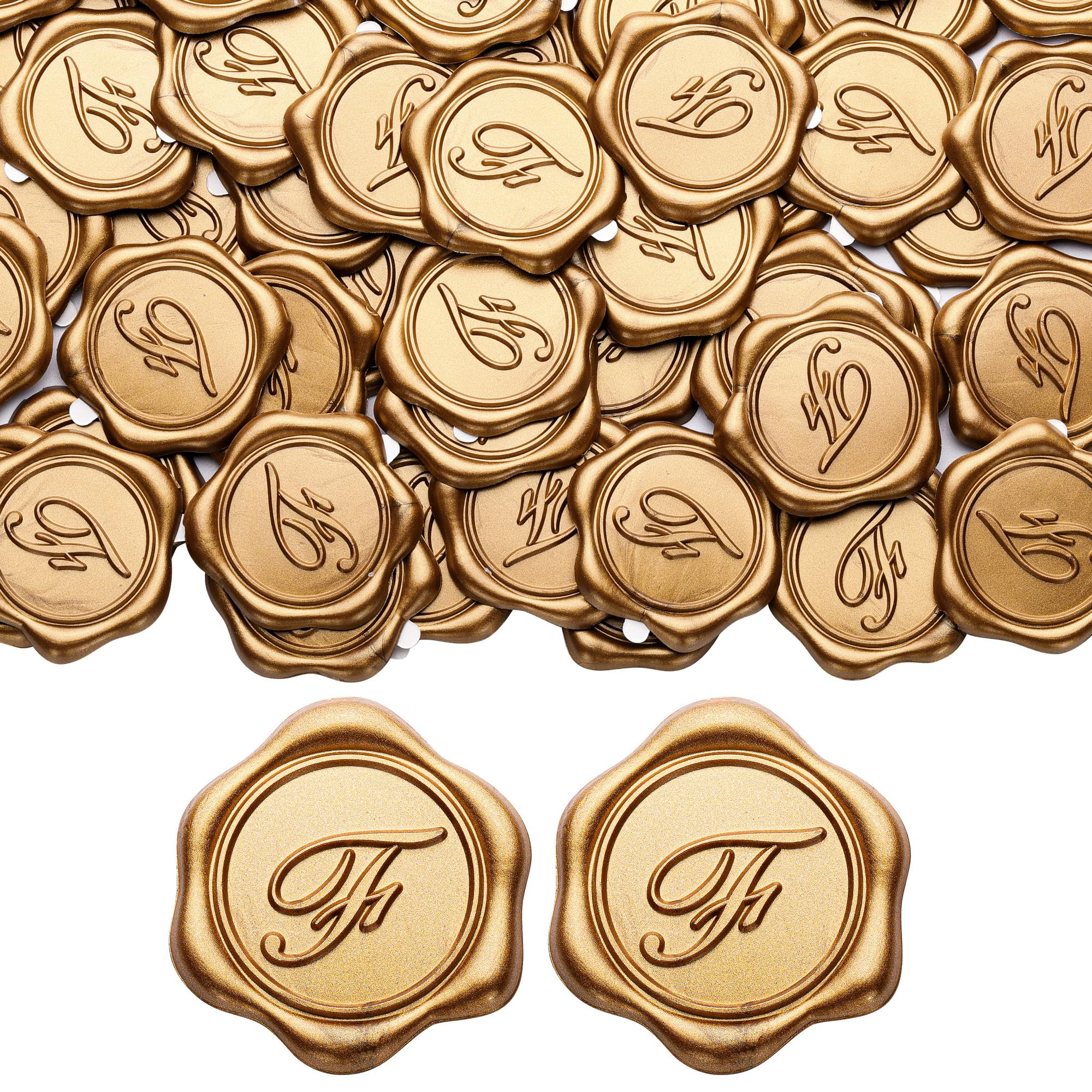 Yoption Lot de 100 sceaux de cire adhésifs avec initiale de l'alphabet F - Doré - Pour fête de mariage, anniversaire, Noël (F)