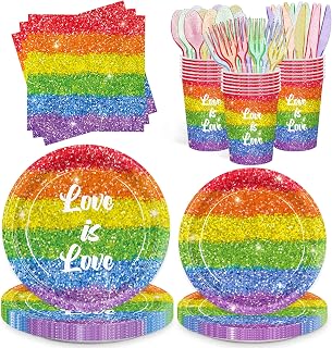 168pcs Rainbow Pride Party Supplies Plates Napkins Cups Serve 24 | Disposable Paper Tableware Set for LGBTQ Rainbow Pride Party Decorations