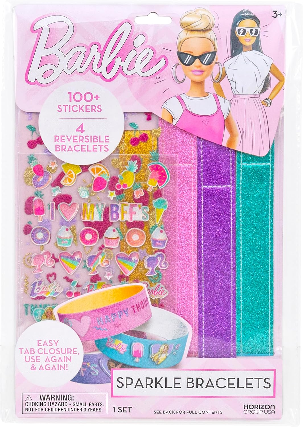 Barbie Sparkle Bracelet Making Kit, 4 Reversible Shimmery Bracelets, 100+ Traditional and Puffy Resin Stickers, DIY Friendship Jewelry, Girls Toys, Arts and Crafts for Kids Age 8-12, Gifts for Girls