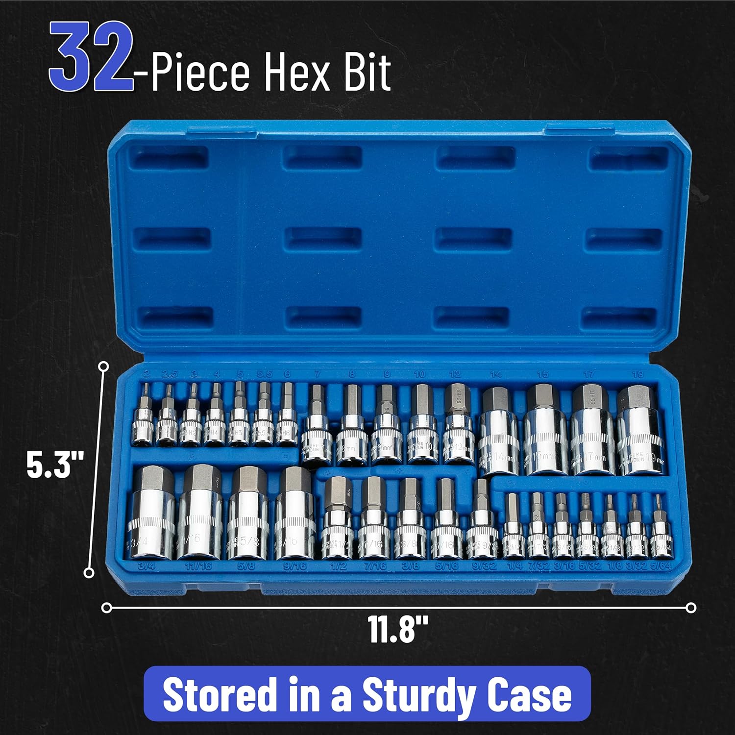 Bates Hex Bit Socket Set - 32 Piece, 1/4", 3/8", & 1/2" Drive, Allen & Metric Socket Set With Case