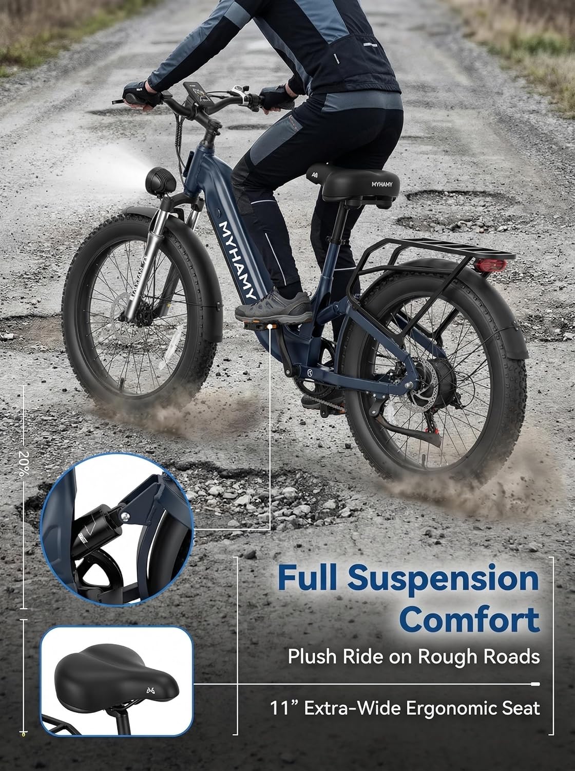 2000W Peak Electric Dirt Bike for Adults, 28MPH High Speed Ebike, 48V 18Ah Removable Battery, 85 Miles Long Range, 24"x3.0" Fat Tire, Full Suspension Mountain E-Bike, 7-Speed, 11" Wide Seat