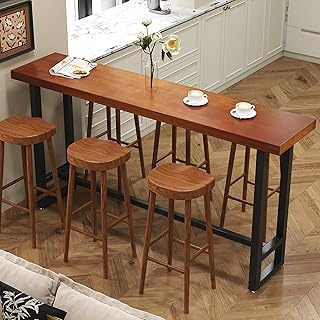 55in Dark Brown Solid Wood Bar Height Pub Table - Built-in Footrest, Solid Wood Top & Sturdy Metal Legs | Counter Height Dining Table for Kitchen, Bistro & Dining Spaces