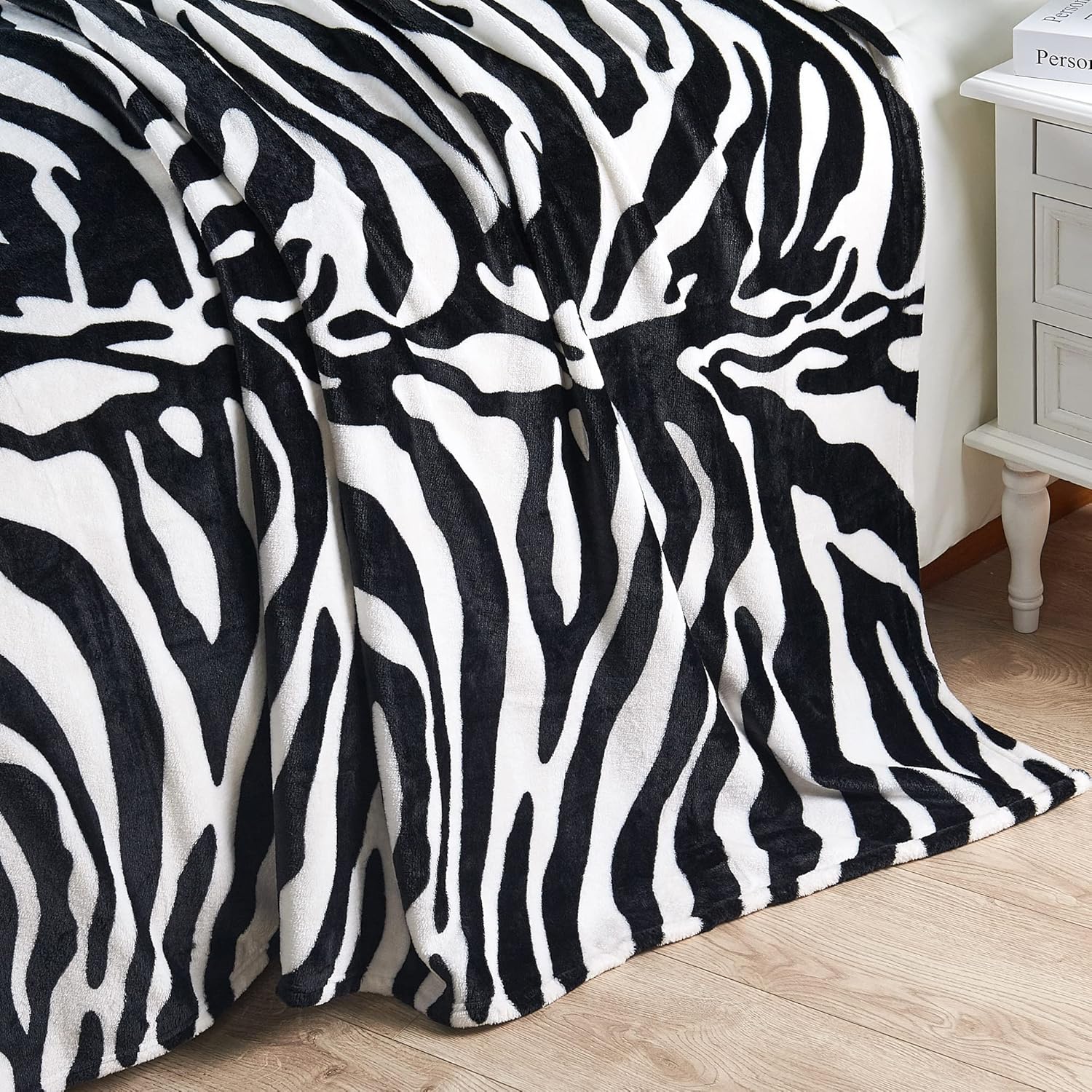 Animal Printed Flannel Fleece Bed Blanket with Storage Pouch, Portable Luxury Fuzzy Soft Plush Lightweight Breathable Twin Bed Couch Blanket for All Seasons, 60 x 90 Inches, Zebra