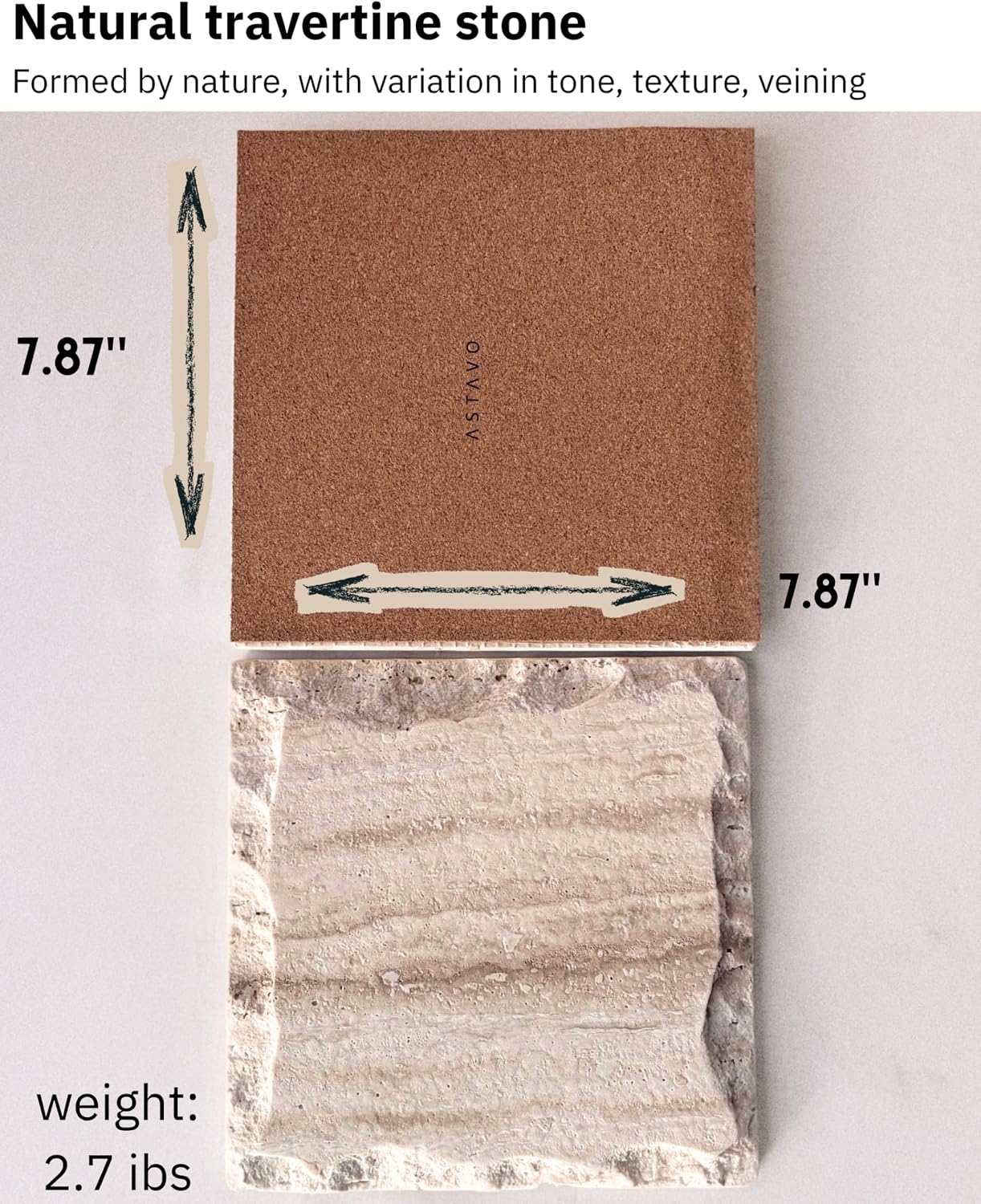 astavohome Travertine Tray, Square Marble with Chiseled Edge, Decorative Wabi-sabi Style Slab for Bathroom,Vanity, Island, Perfume, Jewelry, Candles, Coffee Table, with Cork Base (8 in)