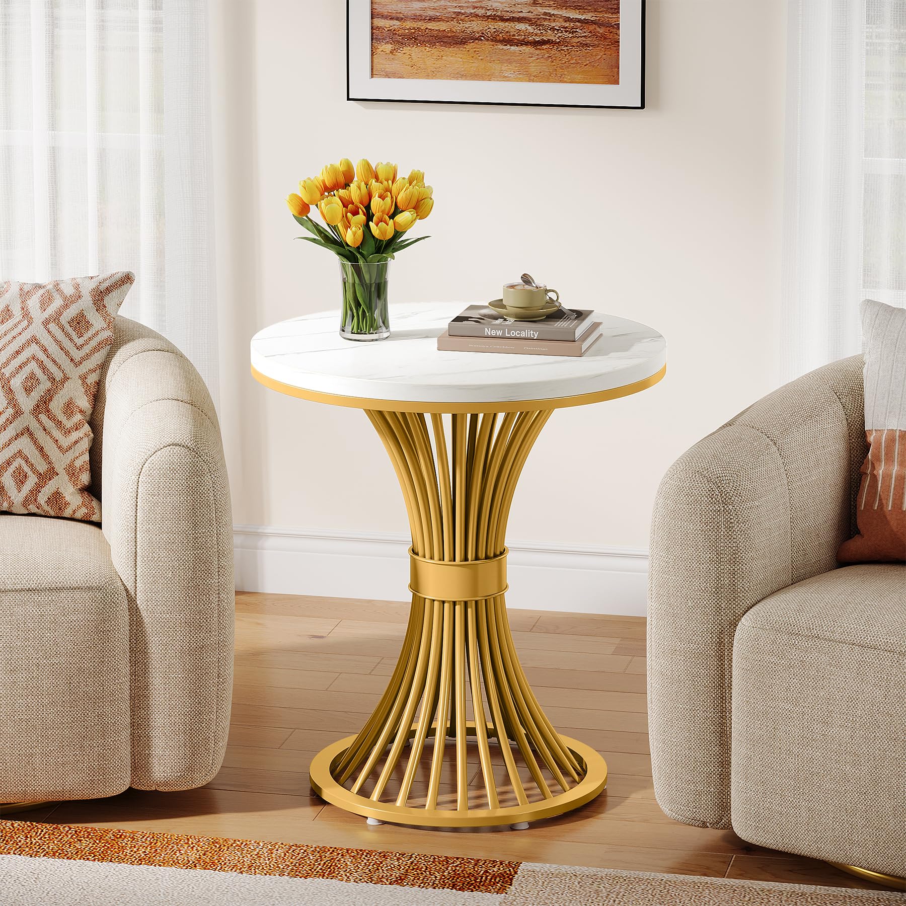 Tribesigns Round Side Table, Modern Faux Marble End Table with Sturdy Metal Base, Small White Gold Bedside Nightstand, Wooden Accent Coffee Table for Living Room, Bedroom, Sofa Side(1 PC)