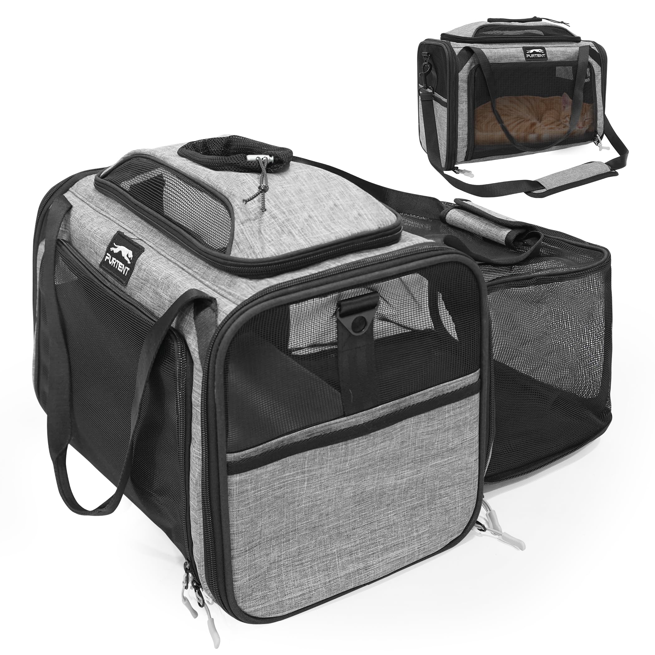 Top and Side Expandable Pet Carriers, 16x11x11 Airline Approved Soft-Sided Cat Carrier for Small Dogs and Cats, in-Cabin Travel Carrier with Anti-Scratch Mesh, Grey