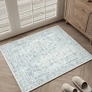 Blue Entryway Area Rug 2x3 Door Mat Machine Washable Kitchen Vintage Distressed Non Slip Carpet Indoor Retro Floral Accent Throw Small Rug for Bathroom Office Bedroom Dining Room