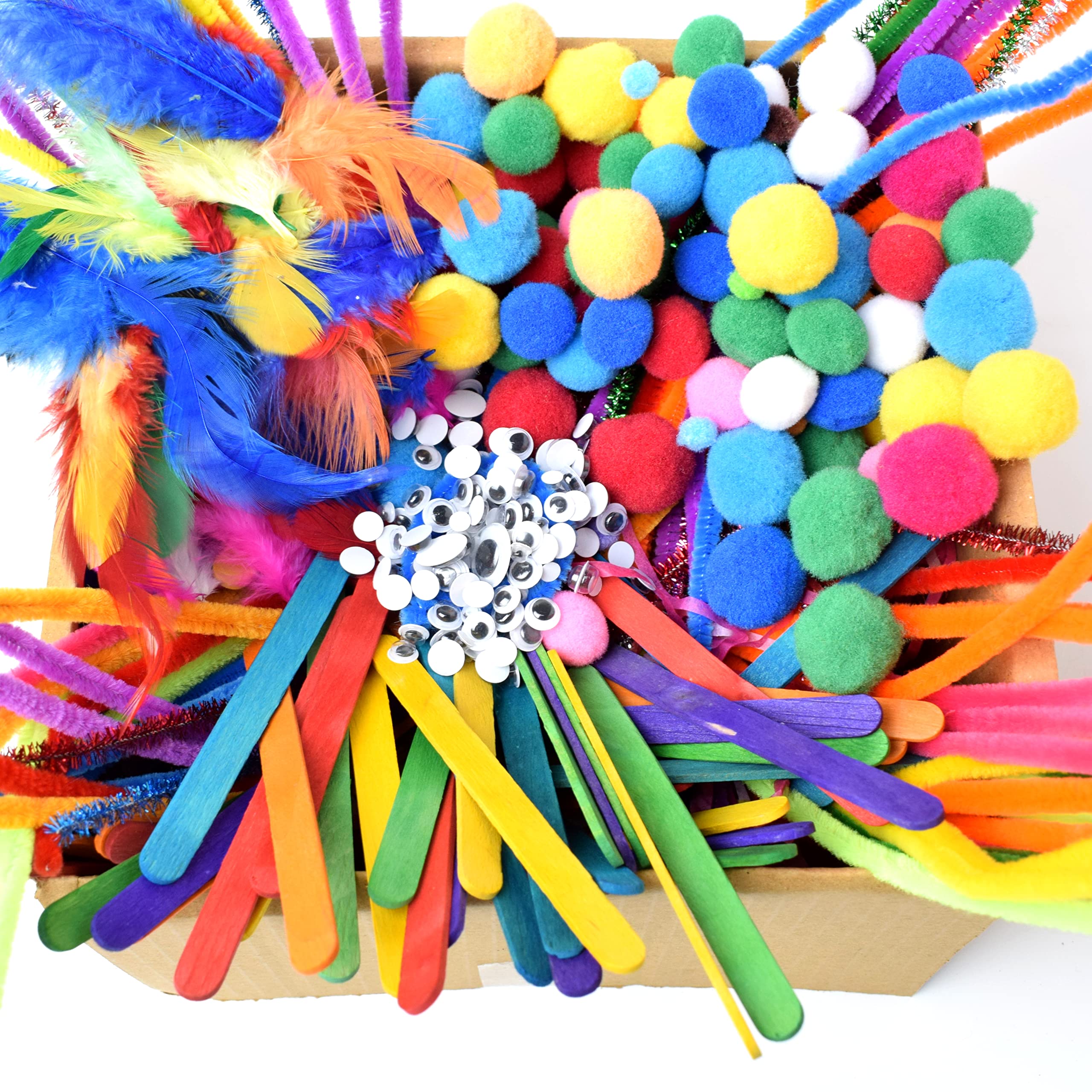 Asian Hobby Crafts Kids Pom Pom Crafts Kit with 250+ Craft Materials/Pipe Cleaners, Googly Eyes, Pompom Balls, Ice Cream Sticks, Color Feathers, Creative Supplies for DIY Art & Crafts Projects 1