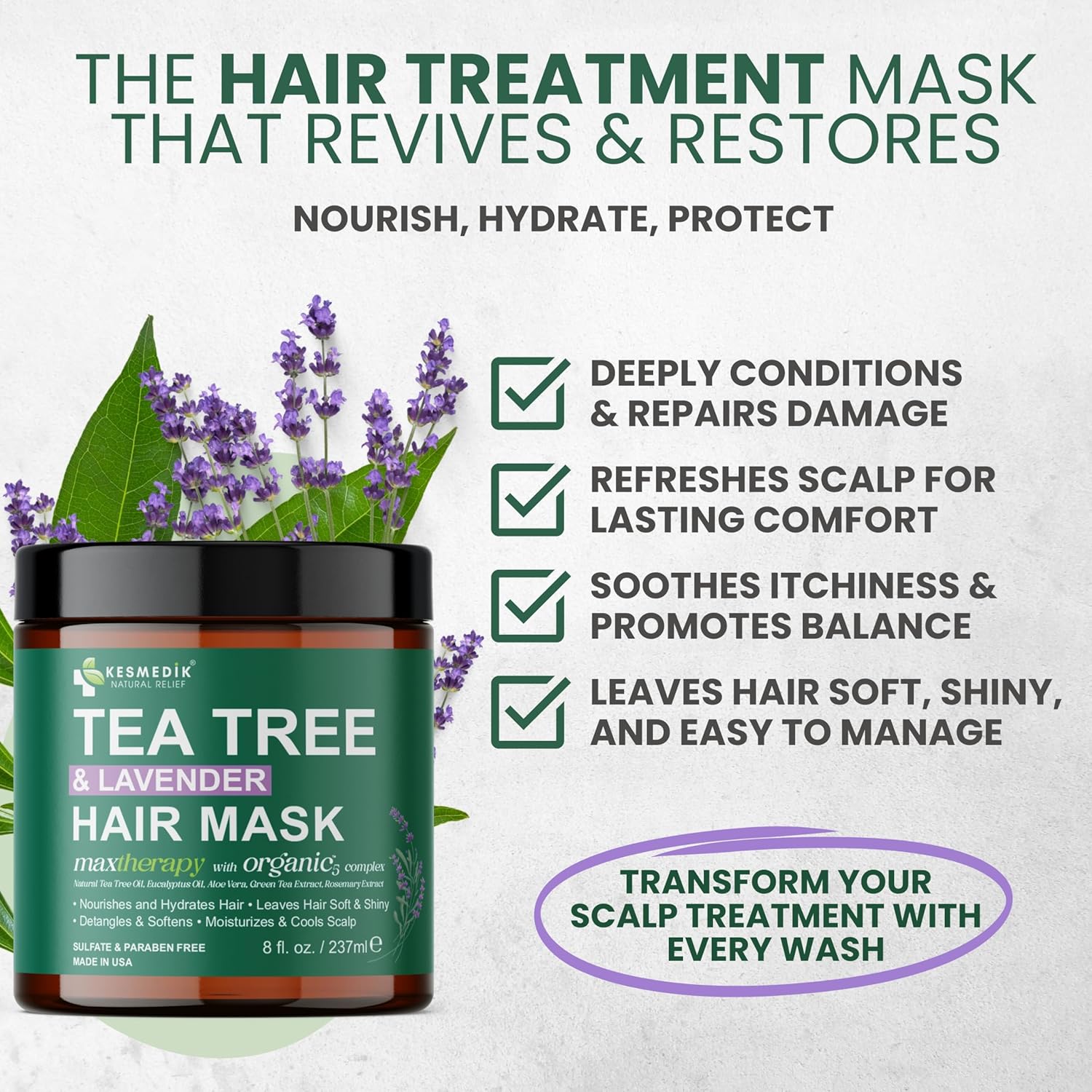 Tea Tree Lavender Mint Hair Mask with Biotin & Argan Oil, Deep Conditioning Hair Mask for Coarse & Dry Damaged Hair, Scalp Itch Relief, Hydrating Hair Mask for Men & Women | Tea Tree Hair Mask - Image 3