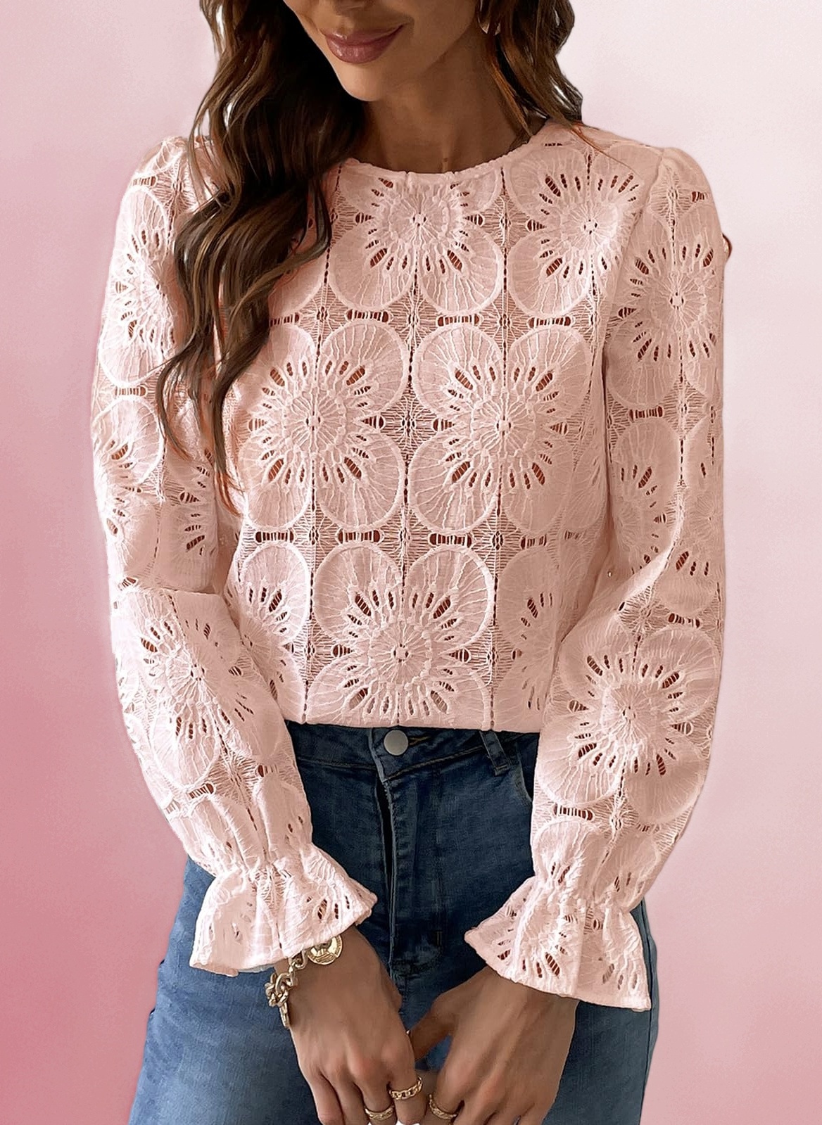 Women Blouse Cutout Flower Top Round Neck Long Sleeve Elastic Cuffs Elegance Shirt