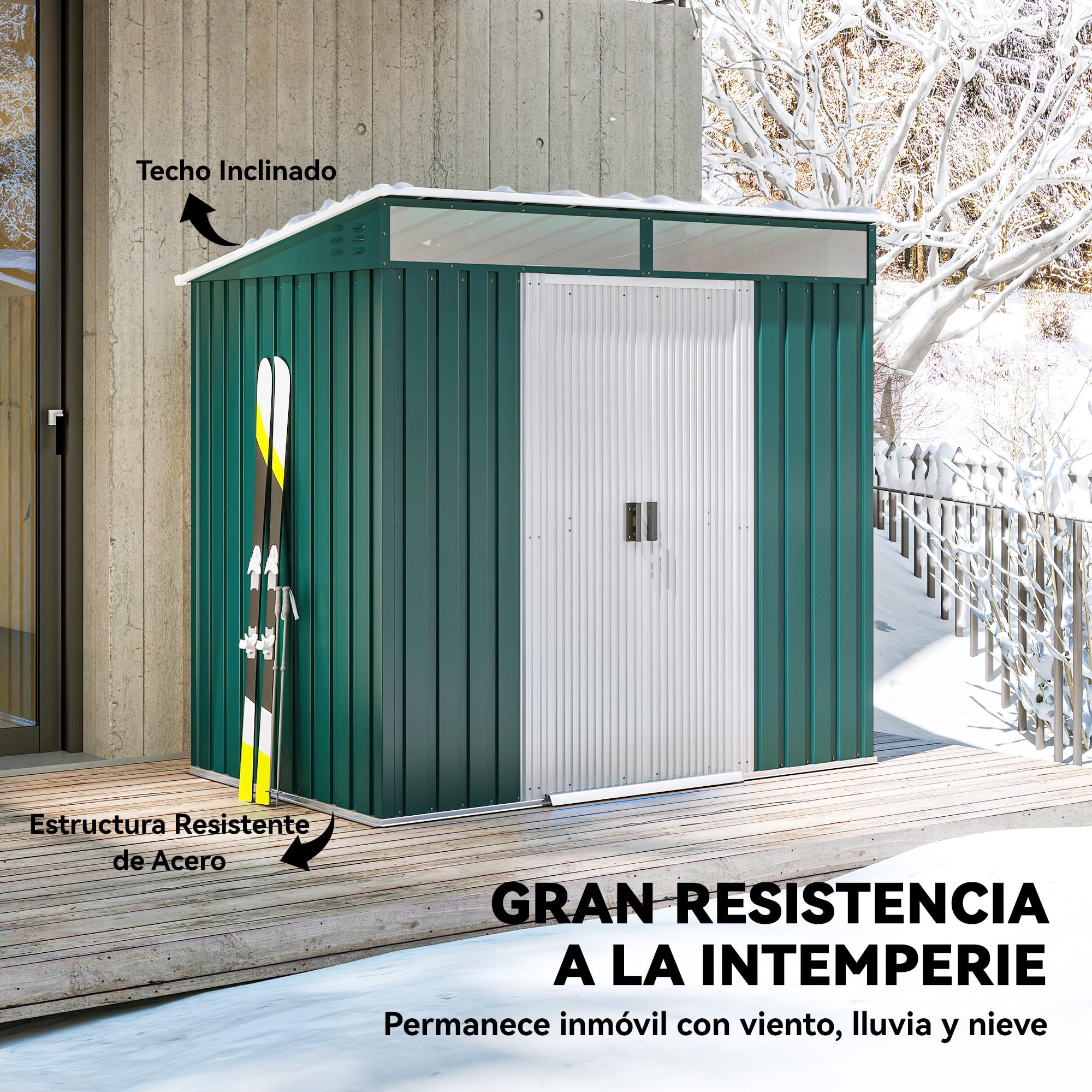 Outsunny Caseta de Jardín Exterior 2 m² 195x122x181,5 cm Cobertizo de Jardín Exterior Metálica con Base SIN Suelo 2 Puertas Correderas Ventanas y Ganchos para Herramientas Verde