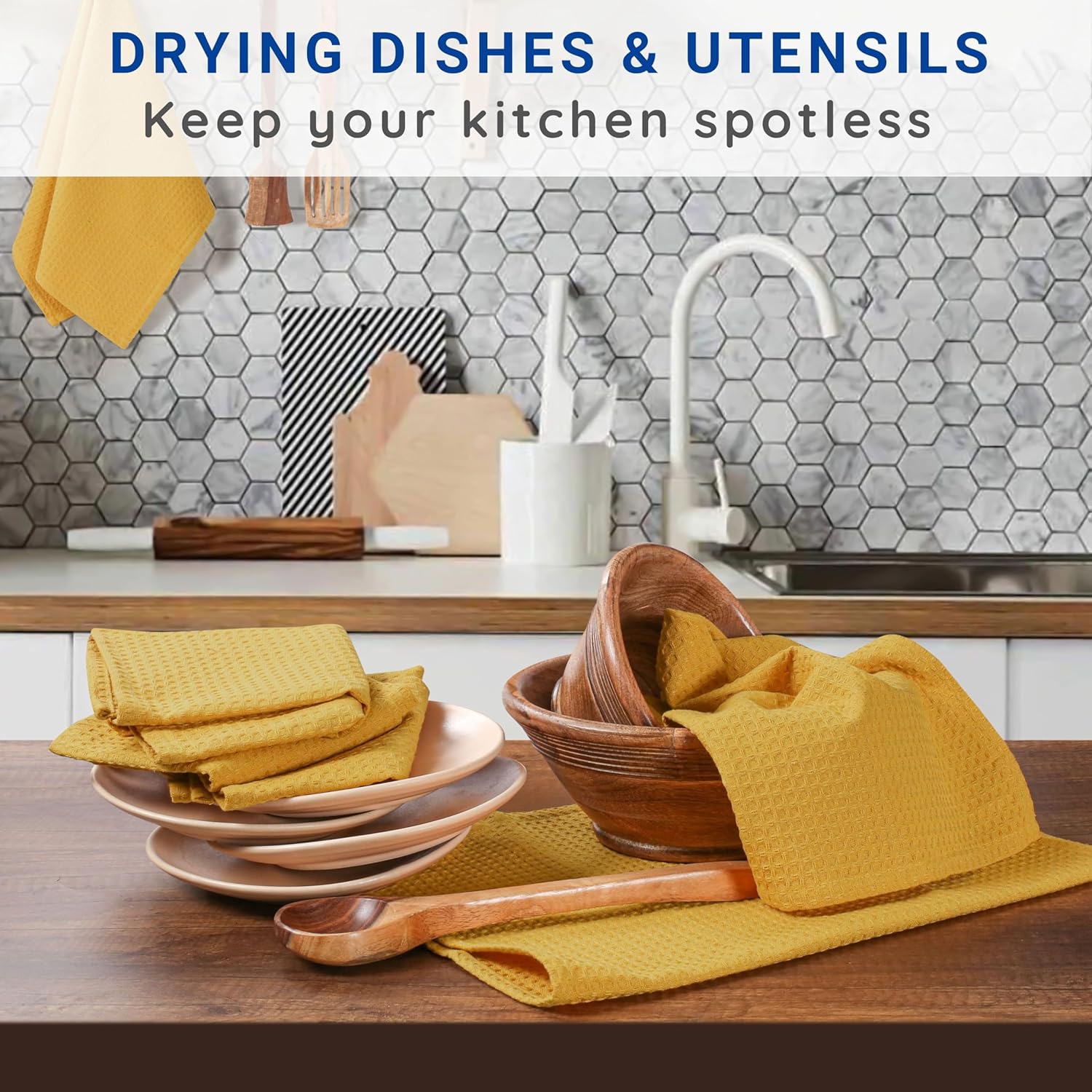 TWINY threads Mustard Yellow Kitchen Towels Set of 12 - Soft, Absorbent 100% Cotton Waffle Weave Dish Towels - Absorbent, Fast Dry Hand Towels with Loop for Fall Decor & Dining - 16"x26"