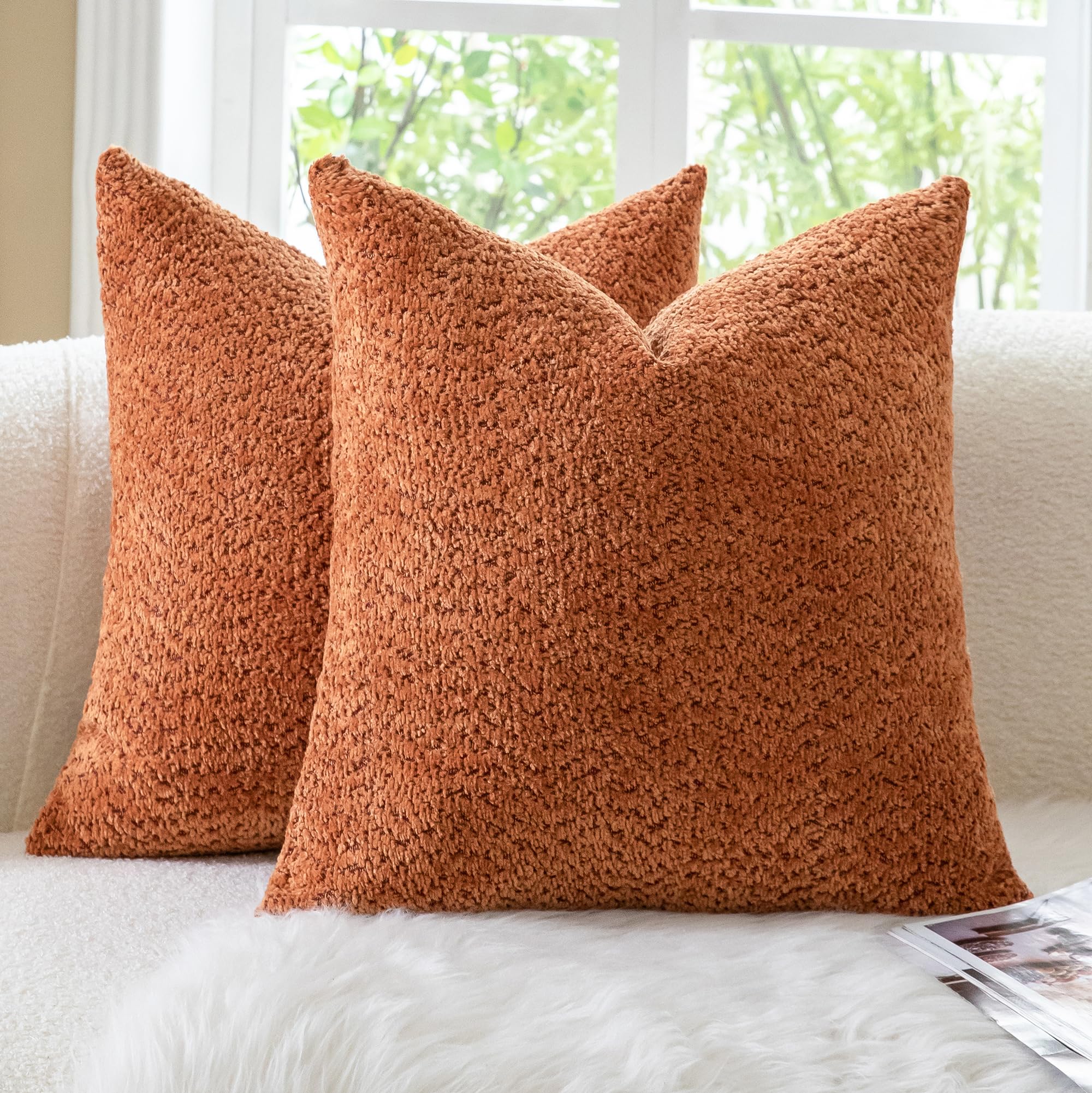 Neelvin Set of 2 Decorative Chenille Cushion Covers 24x24 Inch (60x60cm), Boucle Textured Soft Cozy Throw Pillow Covers for Couch, Living Room Sofa Bedroom Orange โ image 1