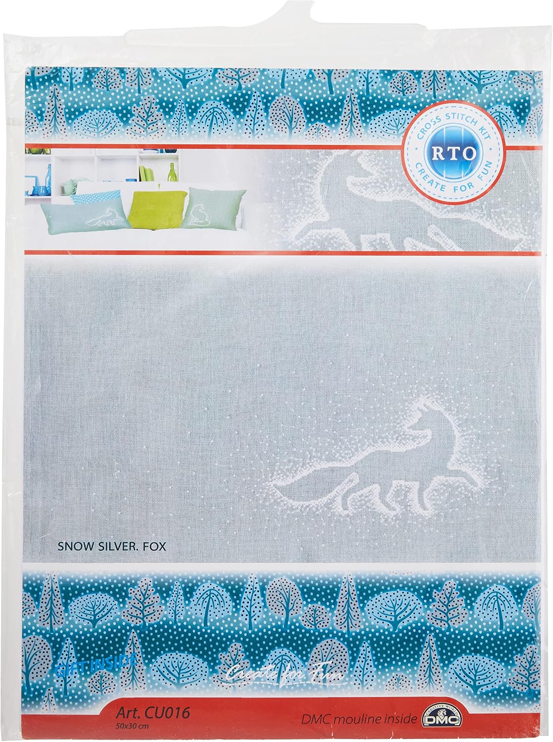 RTO Counted Cross Stitch Kit Cushion Snow Silver. Fox CU016, 50x30 cm, DIY