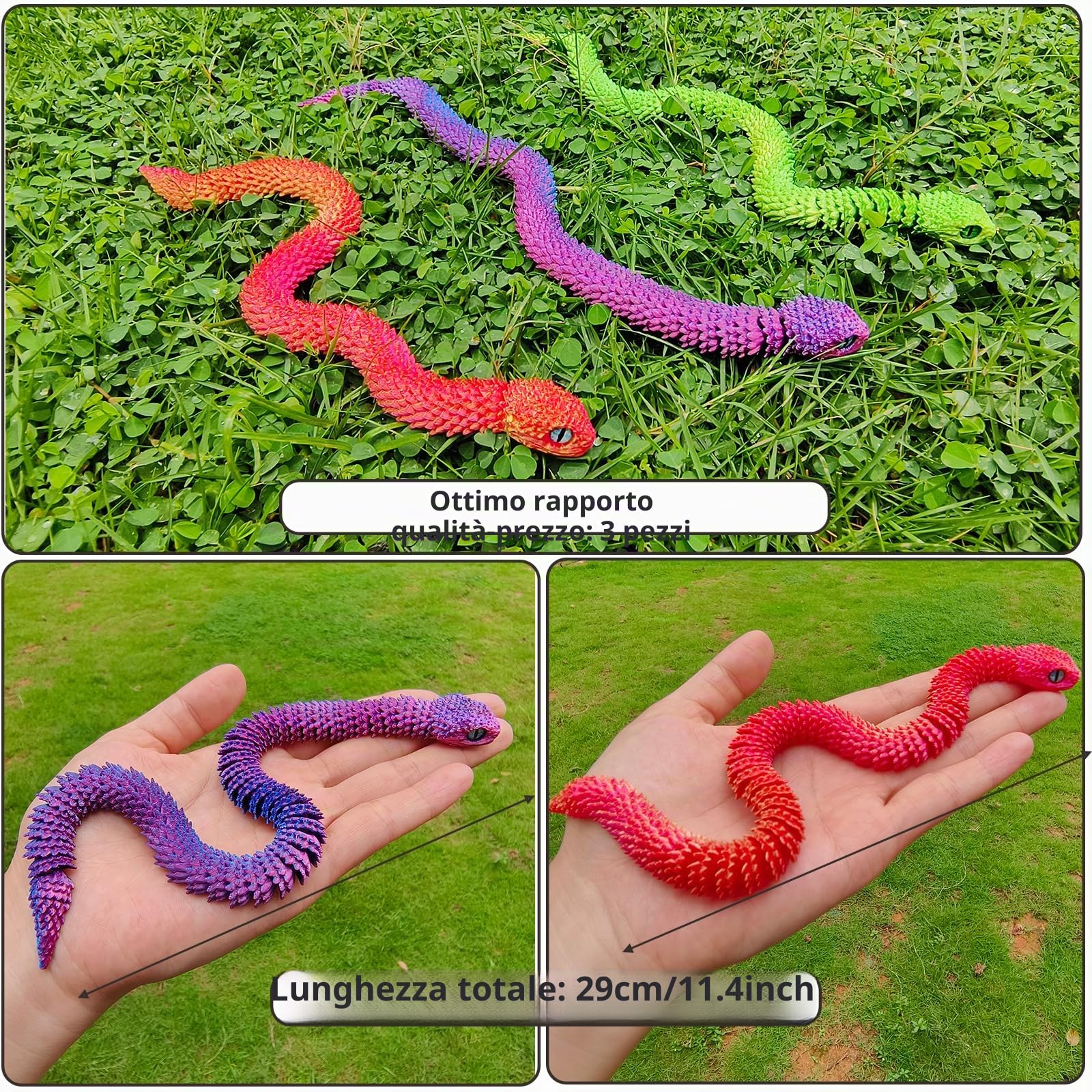 Set di serpenti animali stampati in 3D (28 cm, 3 pezzi) – Giocattoli flessibili articolati a forma di serpente per autismo/ADHD (viola, rosso, verde)