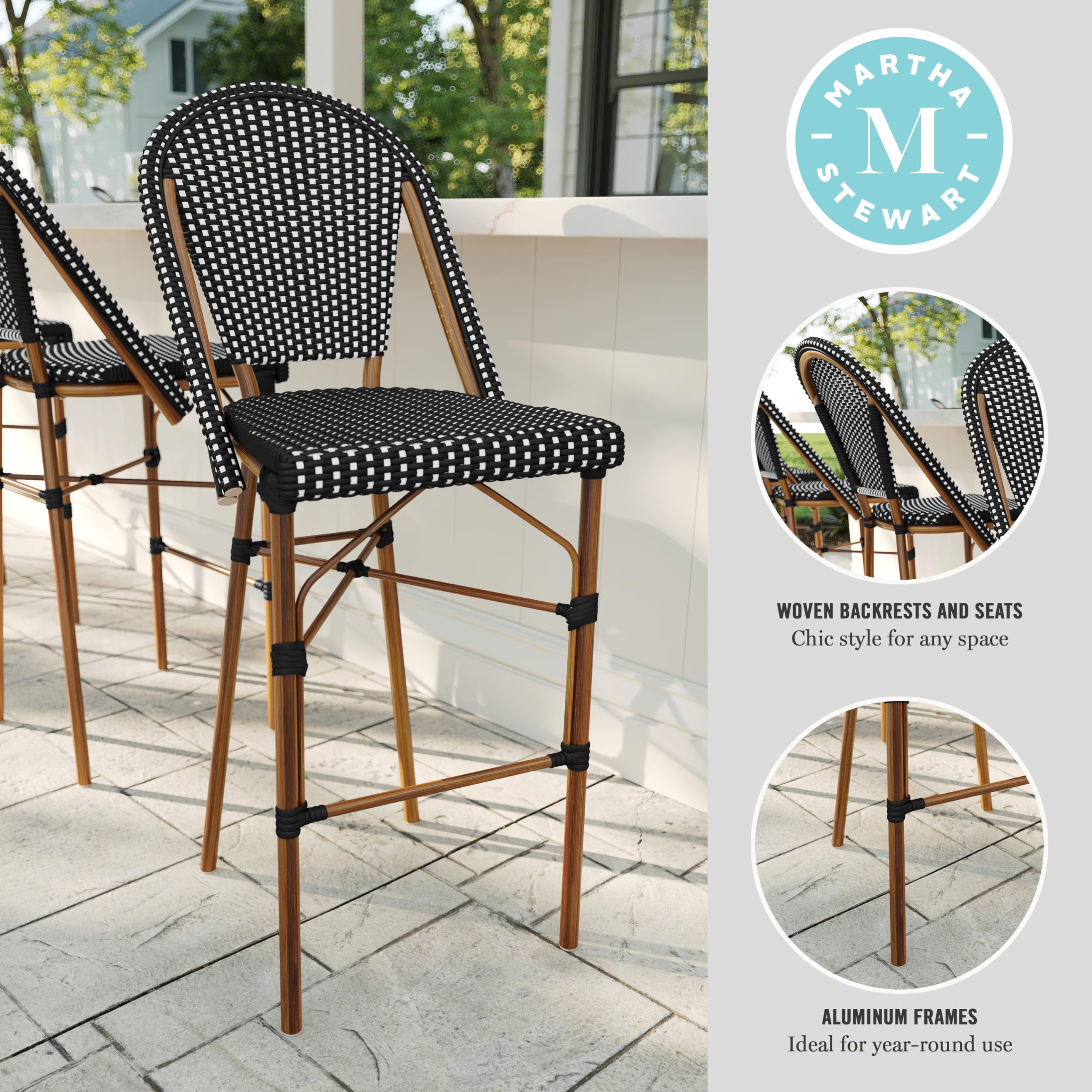 Condition photo showing New/Like New for set of 6 martha stewart lily pond indoor-outdoor stackable bar stool with natural woodgrain aluminum frame finish and black/white woven rattan backrest and seat
