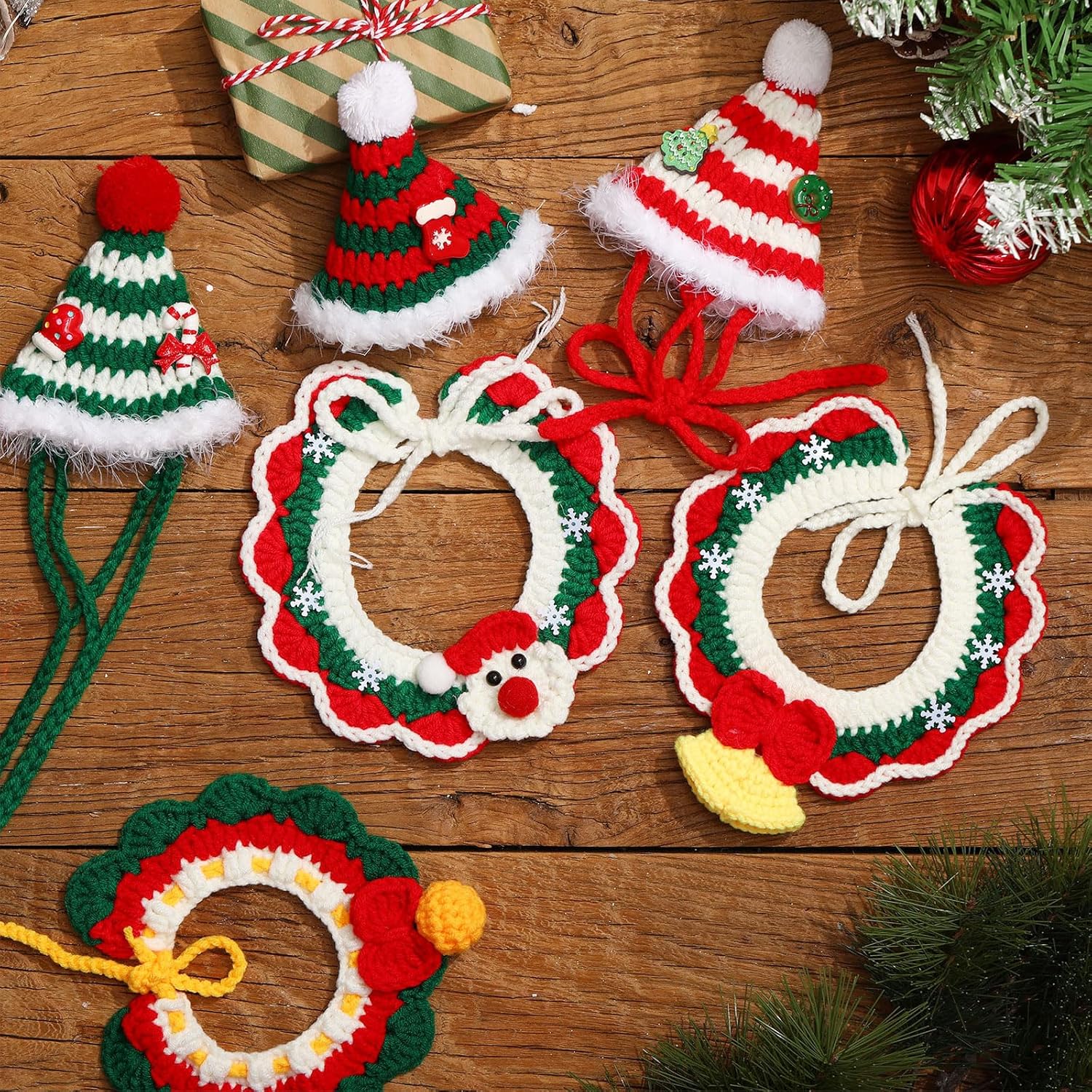 Coume 6 Pcs Cat Christmas Costume Suit Dog Outfit Christmas Tree Hat Cat Santa Collars with Xmas Tree Snowman Candy Cane Charms Adjustable Knitted Clothes for Pet Dogs Cats Holiday Party Small Medium