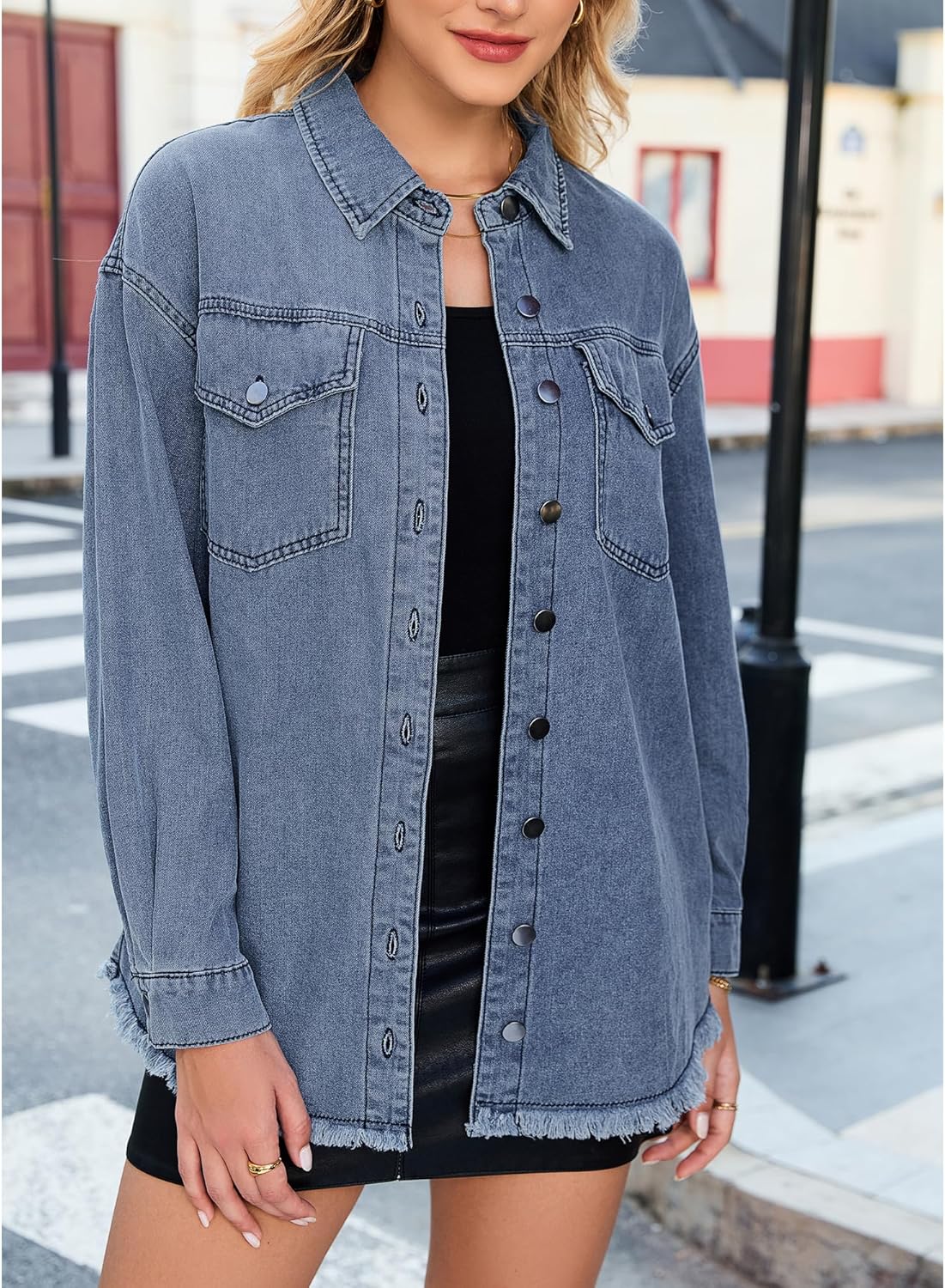 LookbookStore Jean Jacket Women Trendy Oversized Button Down Long Sleeve Frayed Hem Denim Shirt Jackets Distress Shacket - Image 2