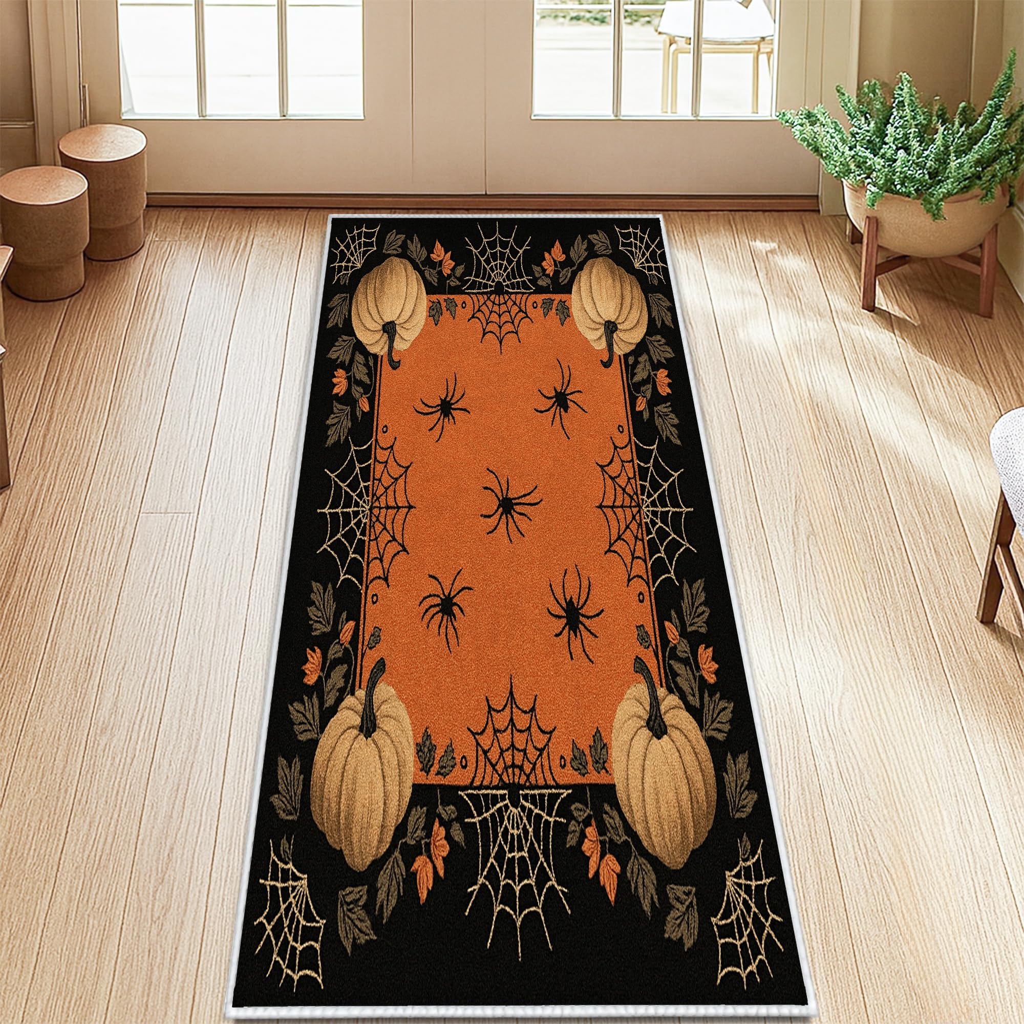 Tapis de couloir citrouille et toile d'araignée orange à poils courts 0,6 x 1,8 m