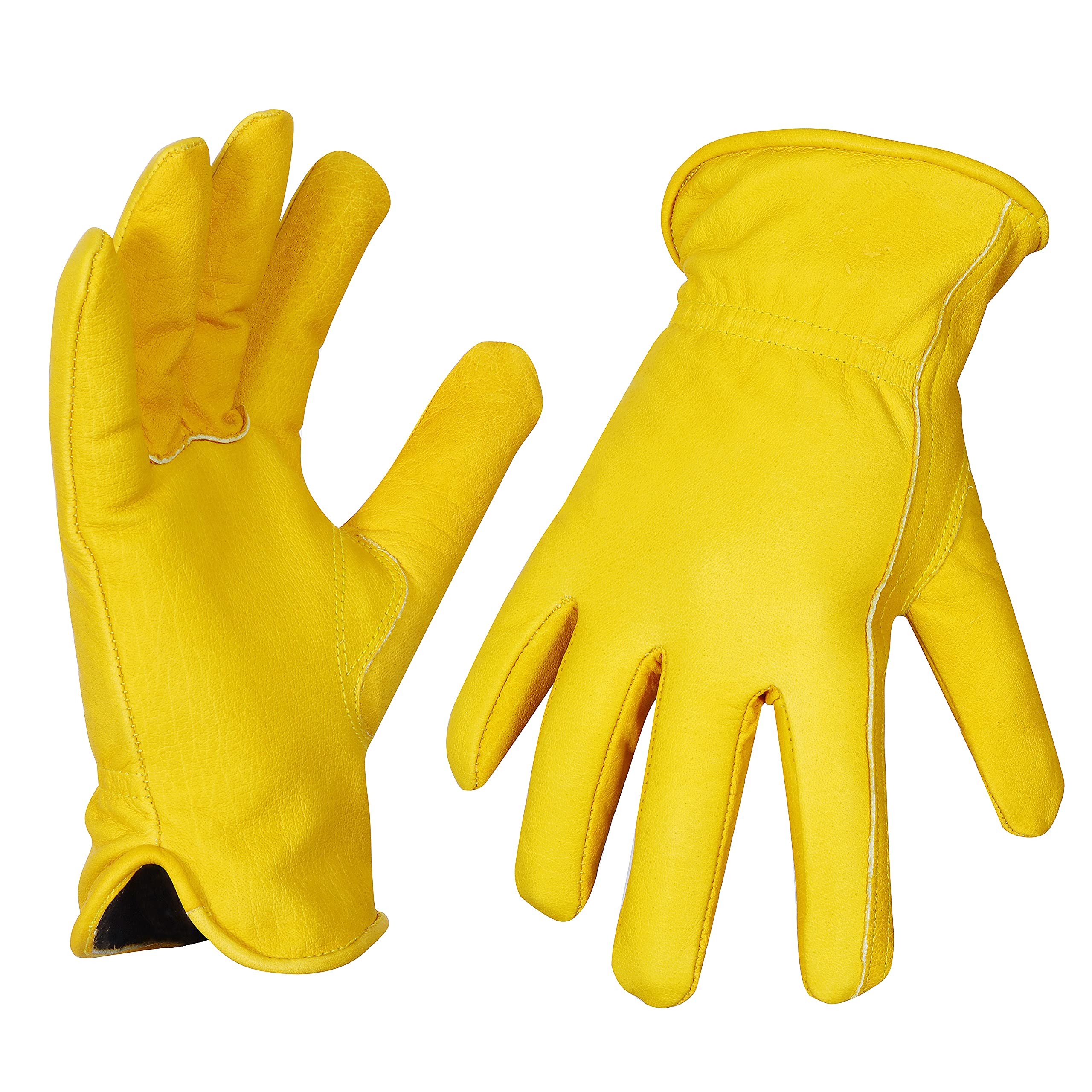Work Gloves Cowhide Grain Premium Leather Yellow Work Driver Gloves With Elastic Wrist Closure And Inside Fleece Lining General Purpose Utility - Image 3