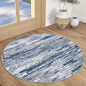 Navy Blue Gray Neutral Multi 3' Washable Round Rug for Entryway Soft Non-Slip Area Rugs Modern Abstract Low-Pile Carpet, Neutral Vintage Circle Rugs for Living Room Dining Bedroom Foyer