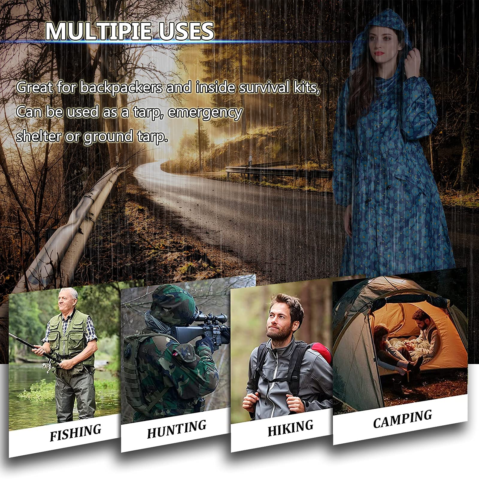 Regencape Damen, Wiederverwendbare Regen Ponjo Mit Kapuze, Portable Wasserdicht Regencape Wandern, Lang Raincoat Women FüR FreizeitaktivitäTen Im Freien, Festivals, Camping, Wandern,C,XXL
