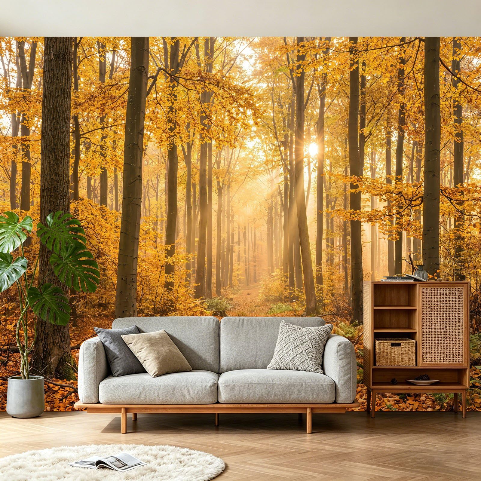 Fototapeta 3D 350 x 256 cm (szer. x wys.), tapeta z włókniny, do sypialni, salonu, wiejska, rustykalna tapeta z włókniny, tapeta ścienna, fototapeta, dekoracja ścienna, pokój dziecięcy, las, jesienne