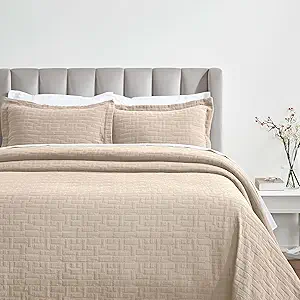 Superior 3 Piece Cotton Bedspread and Sham Set, Home Bed Decor, Decorative Bed Spread, 2 Pillow Shams, Medium Weight, Geometric Matelasse Coverlet, Bedding Essentials, Madrid Collection, Full, Beige