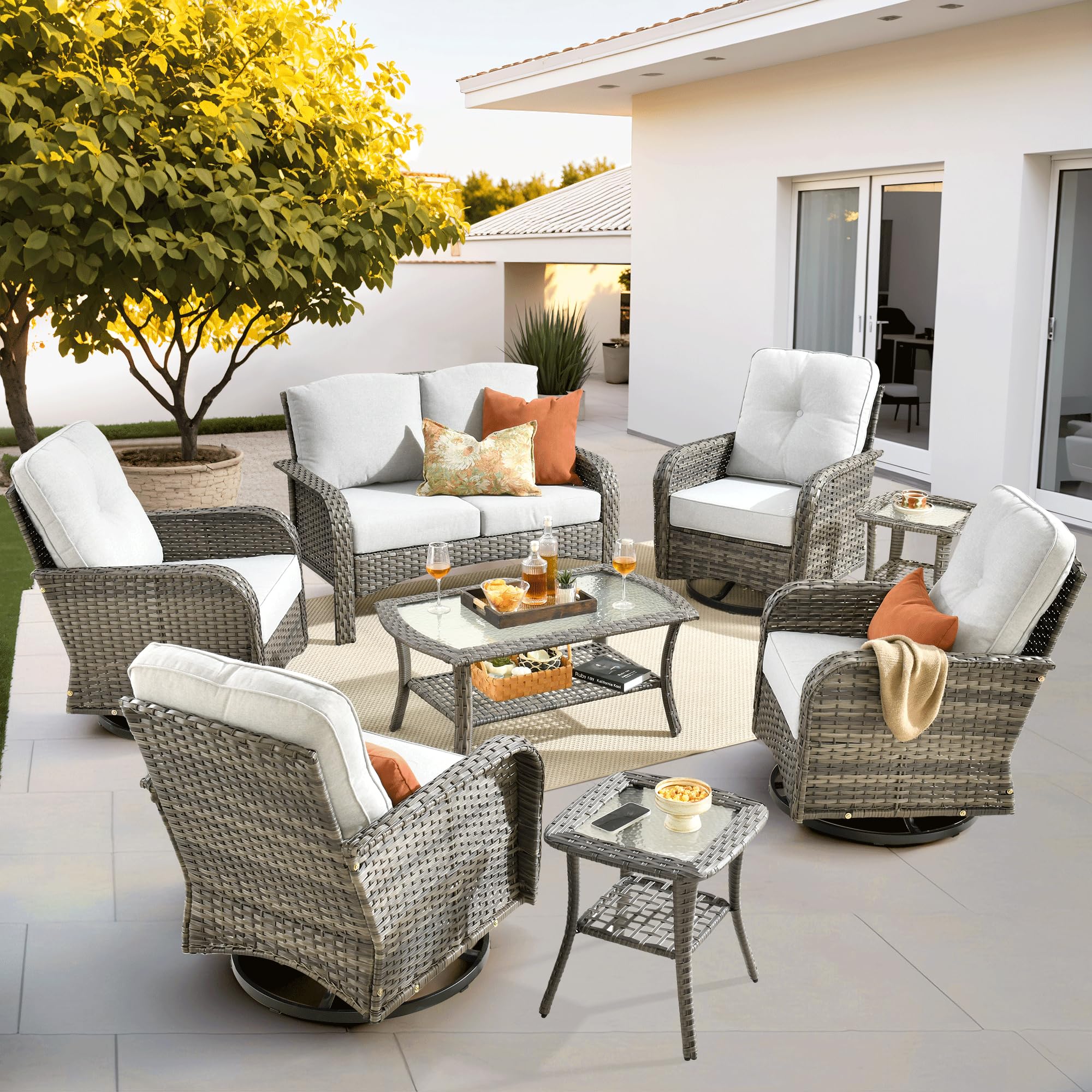 ovios 8 Pieces Patio Furniture Set, Outdoor Wicker Sofa with Swivel Chairs, Coffee Table, All Weather High Back Rattan Loveseat Couch with Comfy Cushions, Grey