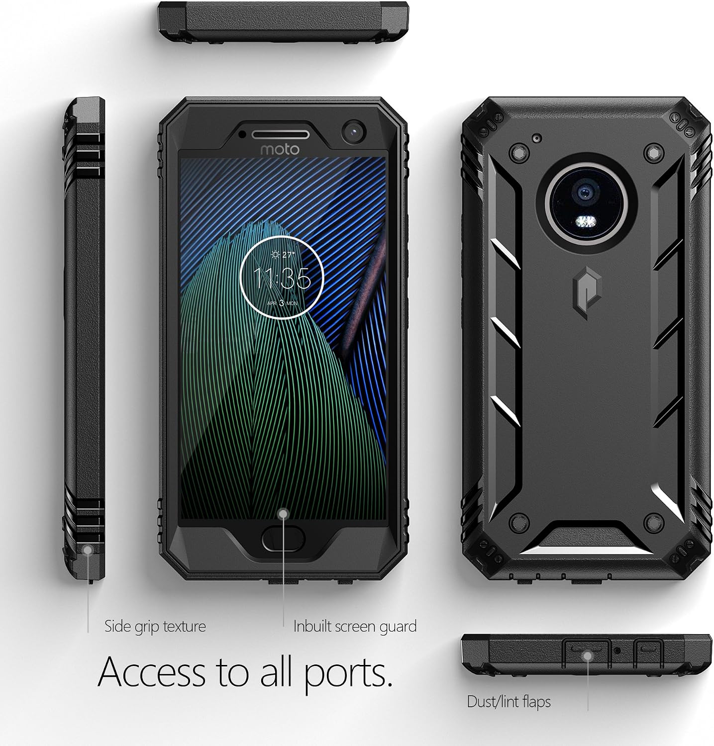 Poetic Moto G5 Plus Rugged Case, Revolution Full-Body with Hybrid Heavy Duty Protection [Built-in Screen Protector] for Motorola Moto G5 Plus (2017) Black