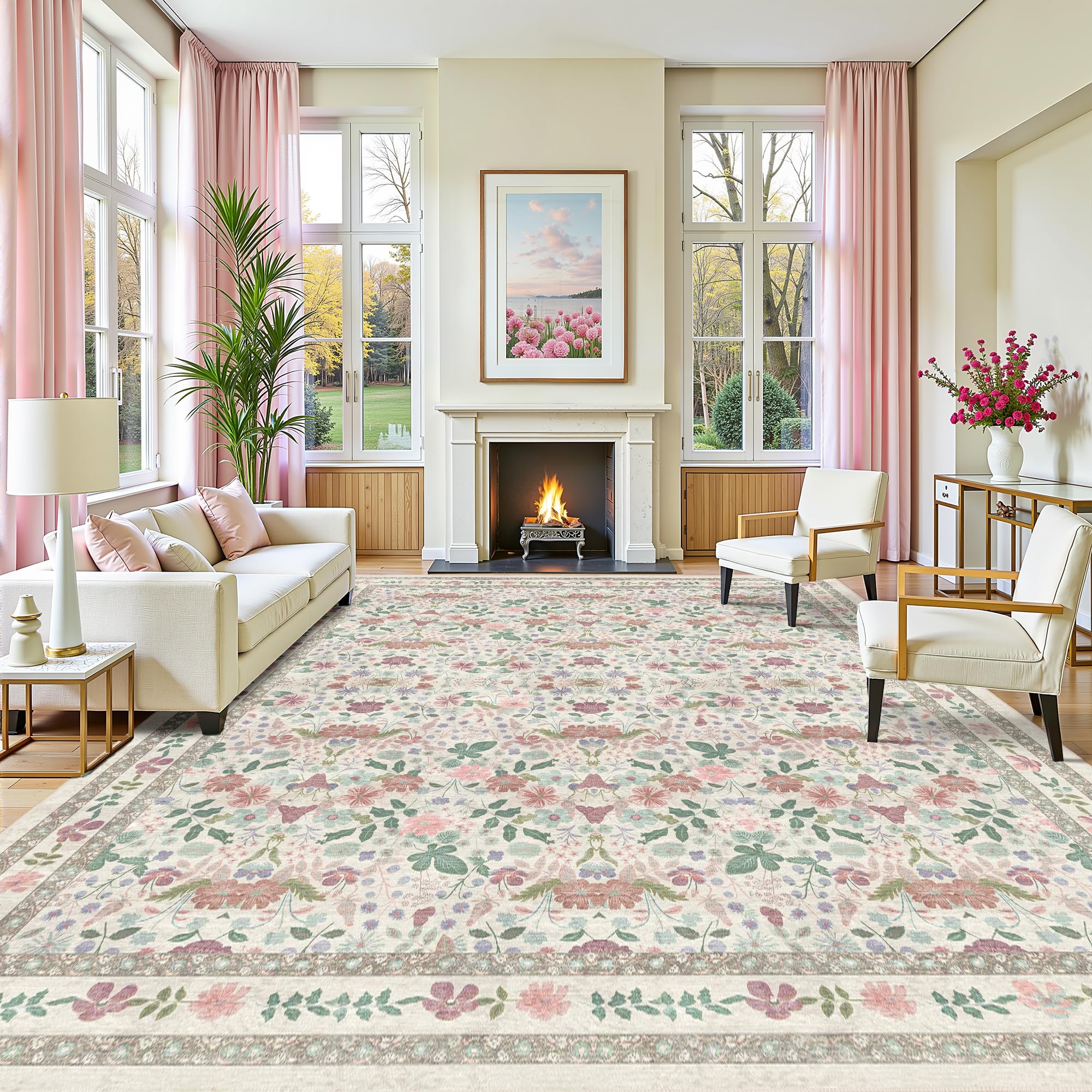Extra Large Washable Area Rug 10x14 for Living Room Green Floral- Deerly Vintage Soft Low Pile Indoor Carpet for Bedroom Boho Non-Slip Floor Mat for Dining Room Playroom, Beige/Light Pink/Multi