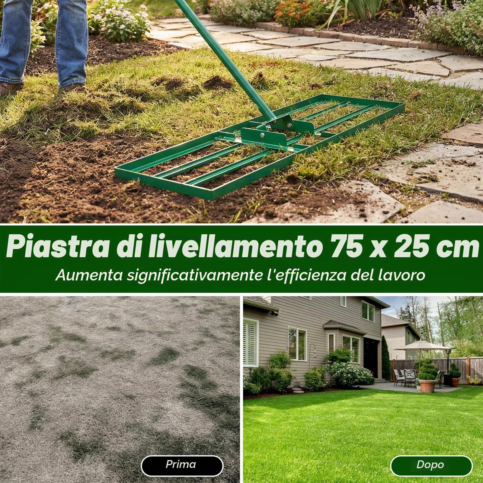 FANTASK Rastrello livellante in metallo, 170 x 75 cm x 25 cm, livellamento rastrello per prato con impugnatura ergonomica, strumento per prato per giardino, cortile, campo da golf (verde)