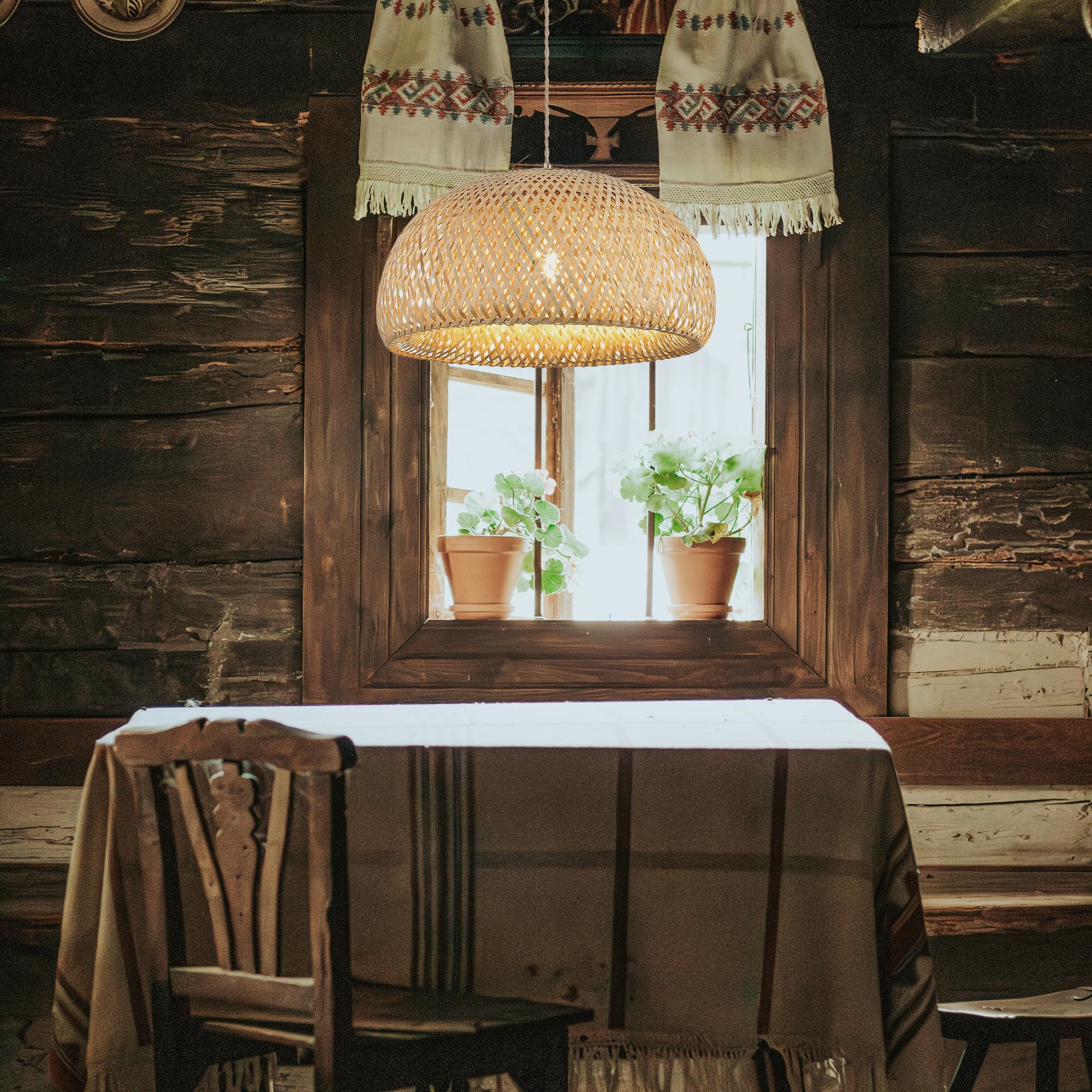 Rattan Pendelleuchte, 45cm Bambus Lampenschirm Boho, Hängelampe Küchenlampe Deckenlampe für Esstisch, Wohnzimmer, Schlafzimmer(E27 Fassung, keine Glühbirne)