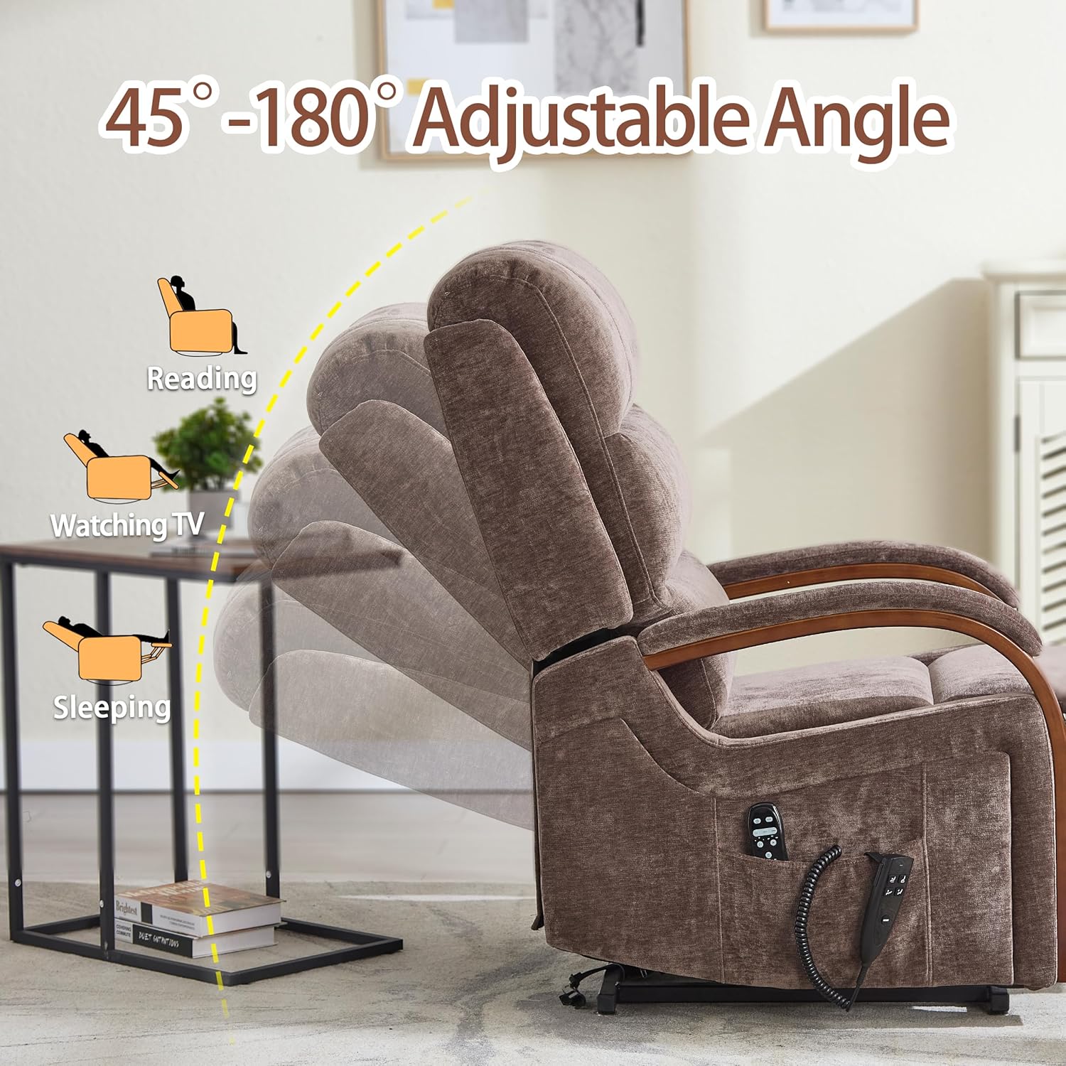 Power Lift Recliner Chair for Elderly People, Dual Motor Lift Chair with Vibration Massage and Heat, Lay Flat Recliner with Solid Wood Armrest, Standing Assistance Reclining, Chenille Fabric Brown
