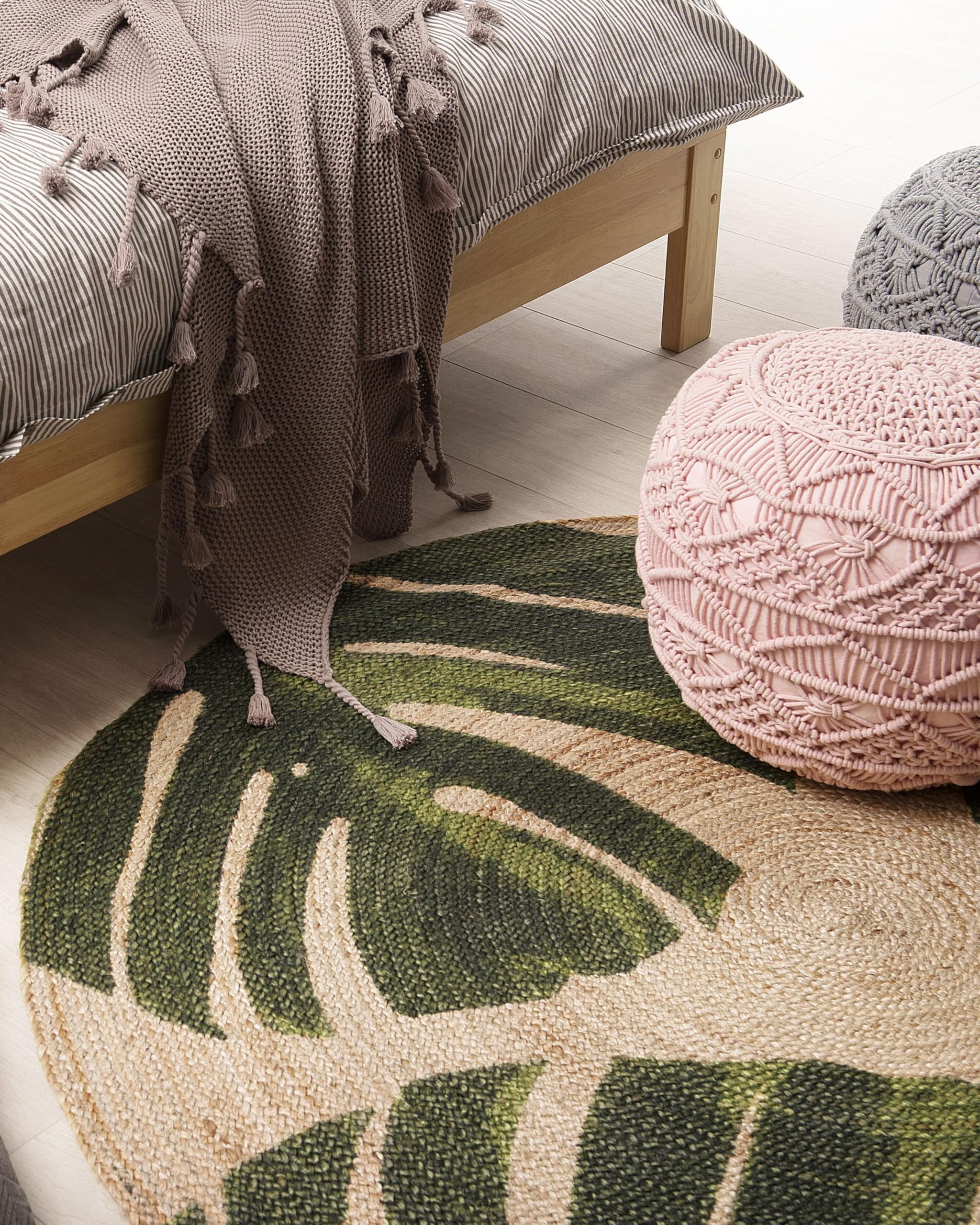 Alfombra redonda de yute verde 140 cm salón dormitorio hoja tropical monstera decorativa Incik