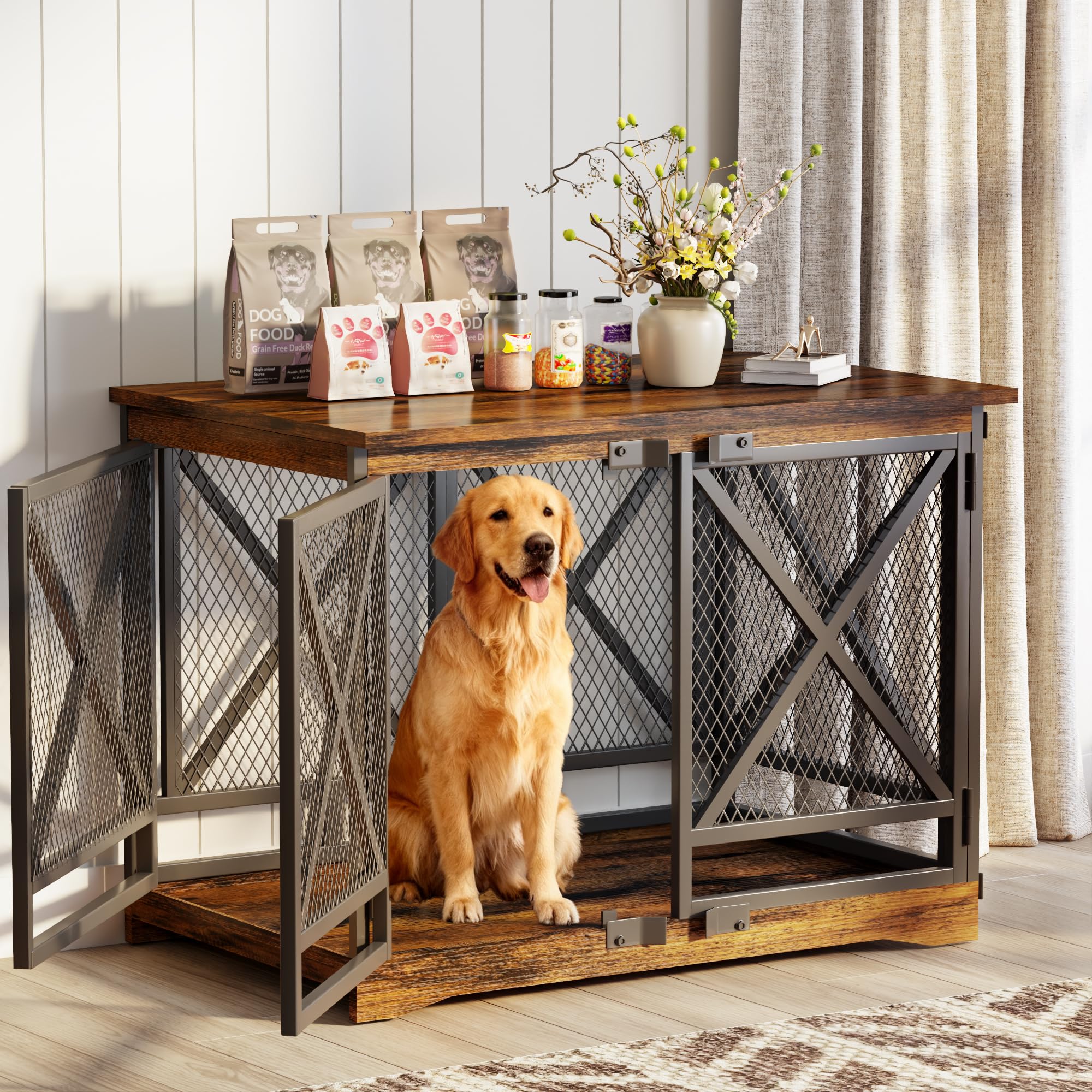 COZPAW Large Dog Crate Furniture - 48 inch Heavy Duty Dog Kennel Indoor for XLarge Breed with Double Doors, Wooden Dog Cage XL Modern Decorative End