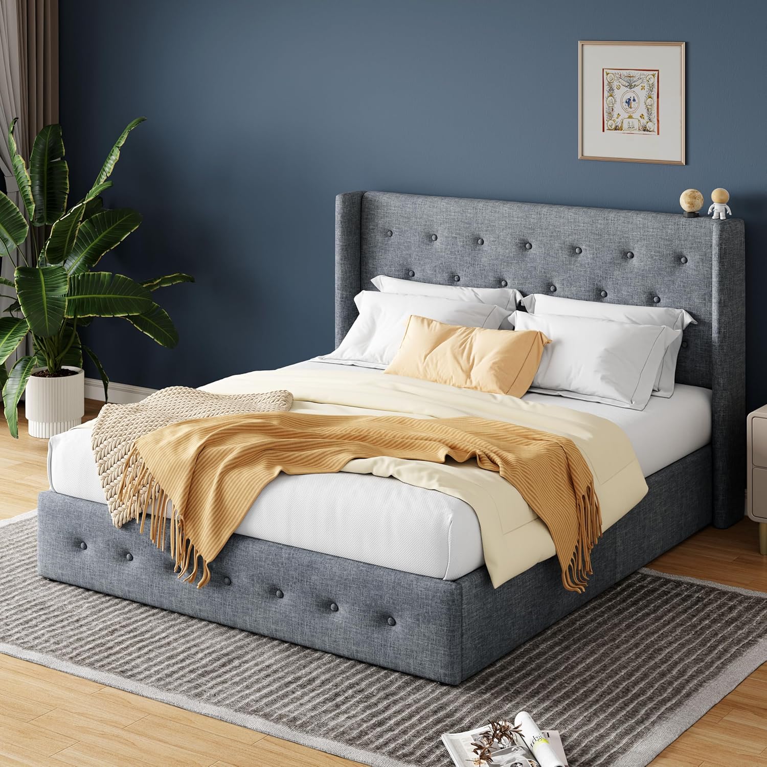 HOOMIC Queen Size Lift Up Storage Bed with Wingback Headboard/Heavy Duty Hydraulic Platform Bed Frame/Large Under Storage/Wooden Slats Support/Noise Free/Grey Blue