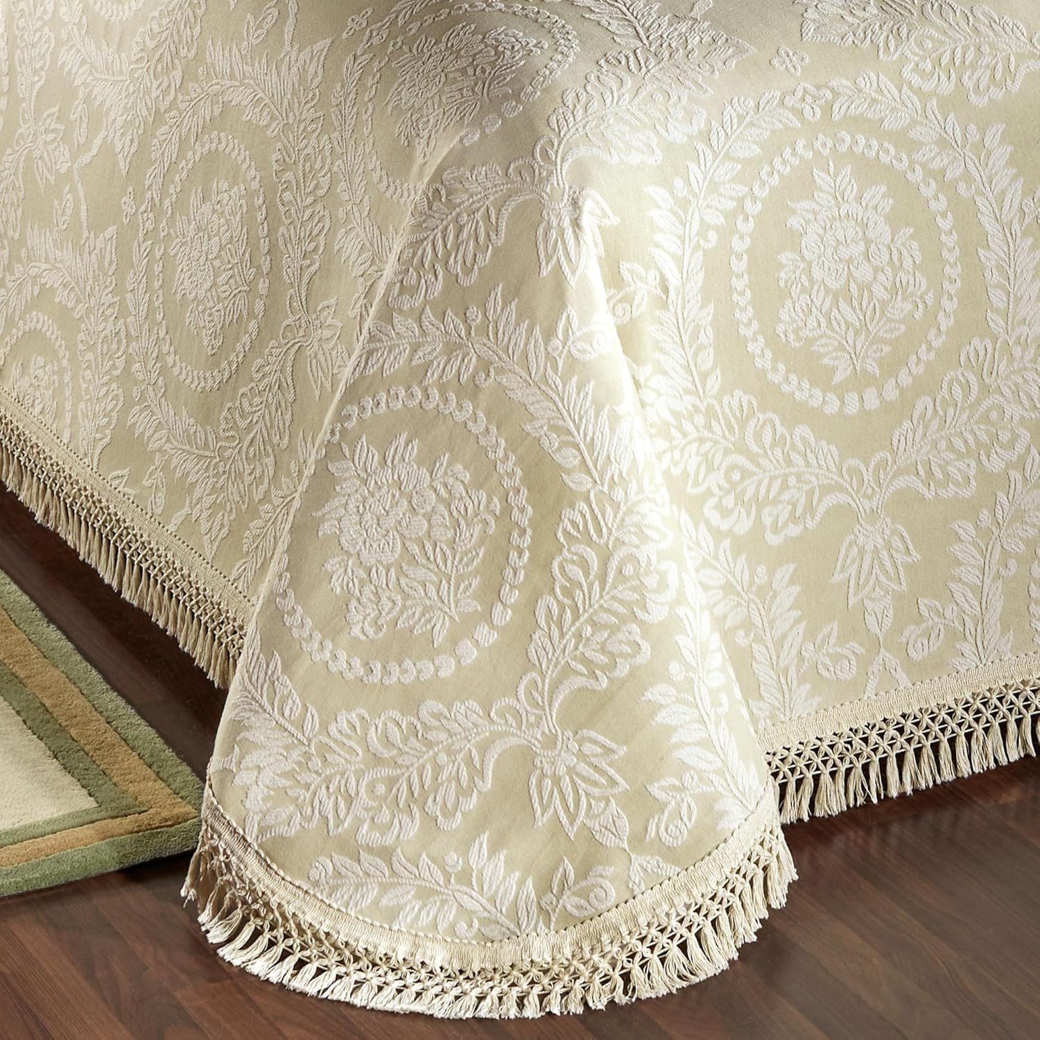 Timeless Vintage Style Bedding with Fringe | Neutral Sage and Ecru Hues | Textured Matelasse Rose Medallions and Leaves | 3 Piece Lightweight Set: Oversized California King Bedspread & 2 King Shams