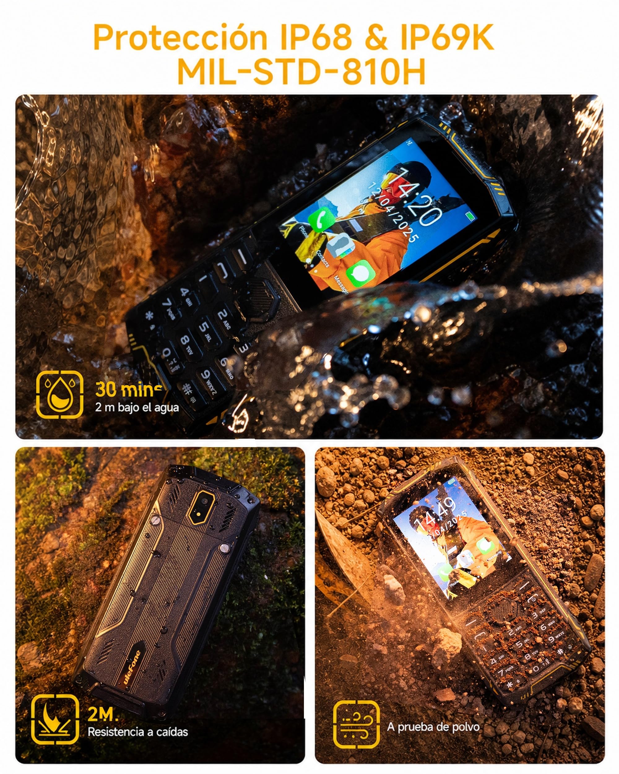 Mini 5 Teléfono Resistente IP68/IP69K, Outdoor con Pantalla Táctil y Teclado, Android 11 con Whatsapp, Batería 2500mAh, 4G Dual SIM, 1GB+8GB, Ampliable hasta 64GB, MIL-STD-810H