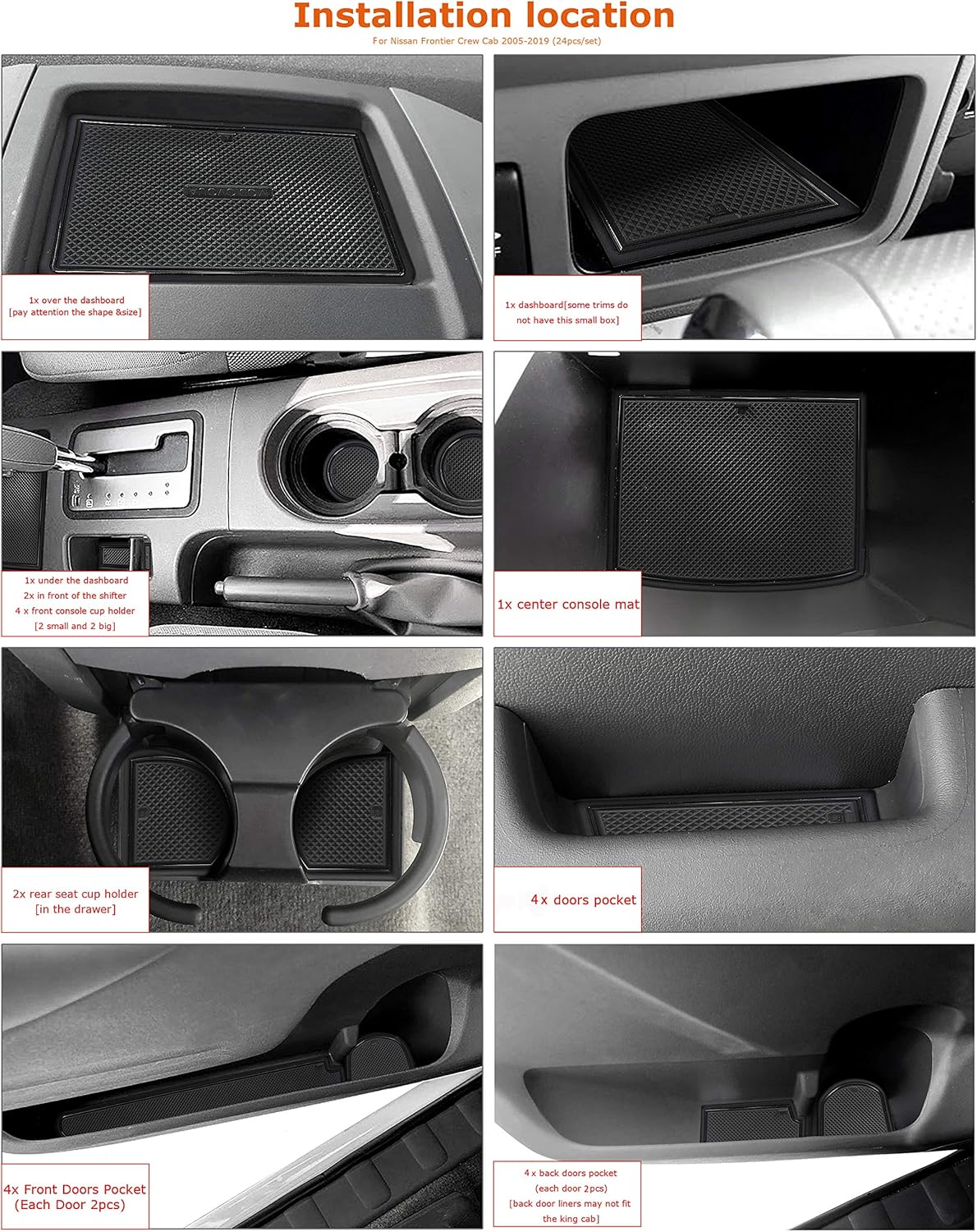auovo Anti Dust Mats for Frontier Crew Cab 2005-2020 Xterra Accessories 2005-2015 Custom Fit Door Pocket Liners Cup Holder Pads Console Mats(24pcs/Set) (Black)