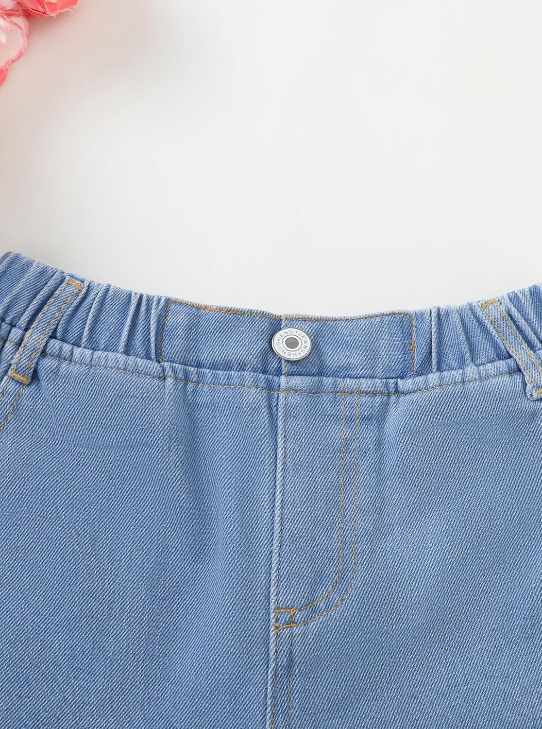 Hilinker Girls Jean Shorts Floral Lace Hem Elastic Waist Cute Summer Denim Shorts with Pockets - Image 2