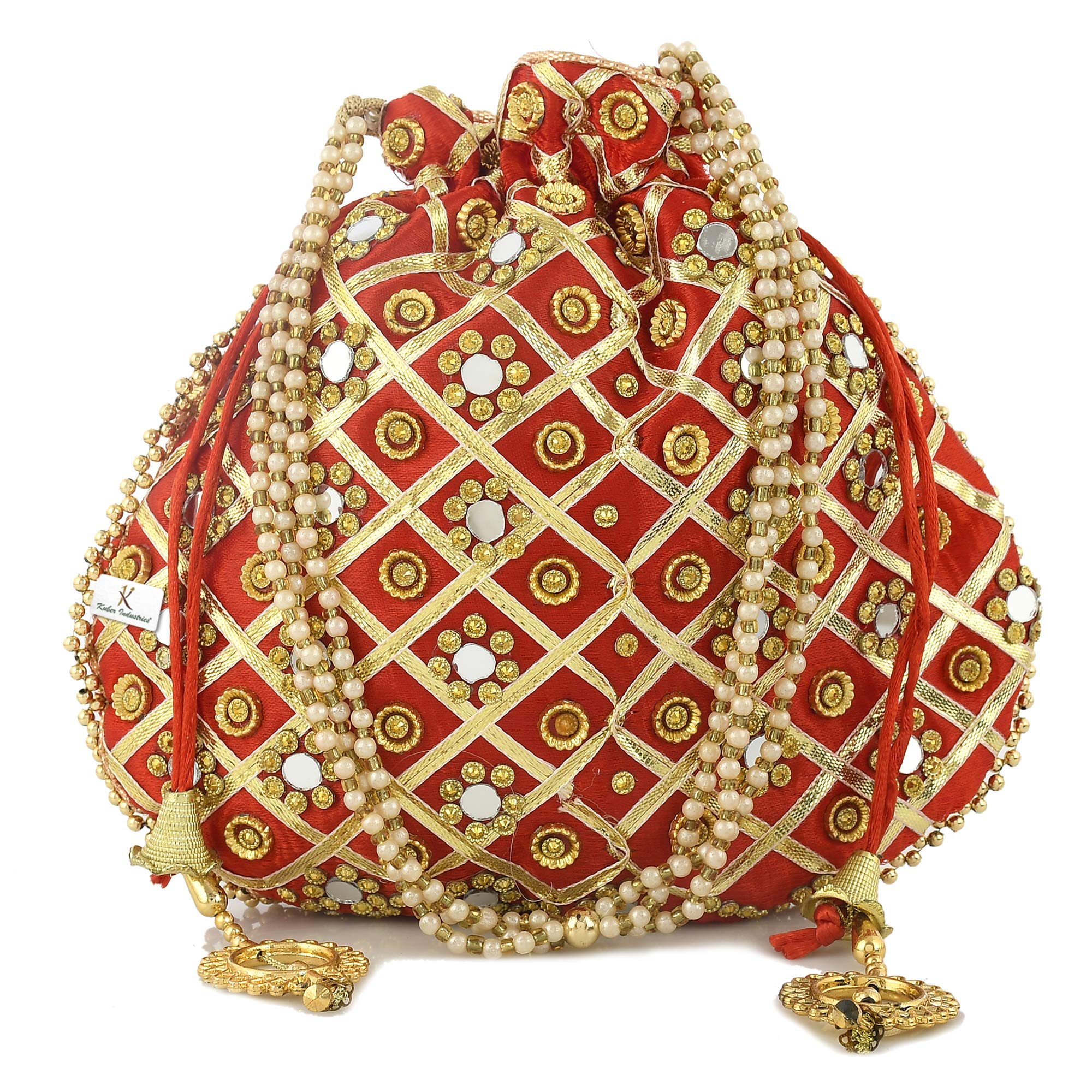 Indian Collectible - 2 piezas de mano de mano con espejo tradicional de seda para novia, casual, fiesta, boda (dorado y rojo) - KUBMART11508, Multi