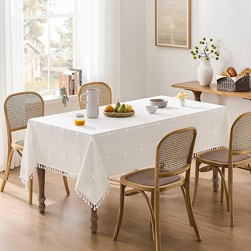 Miniatura 2 de ZeeMart Mantel de cuadros bohemio con borlas (blanco hueso, 52 x 52 pulgadas), mantel de lino pesado bordado a cuadros, mantel de granja, mantel