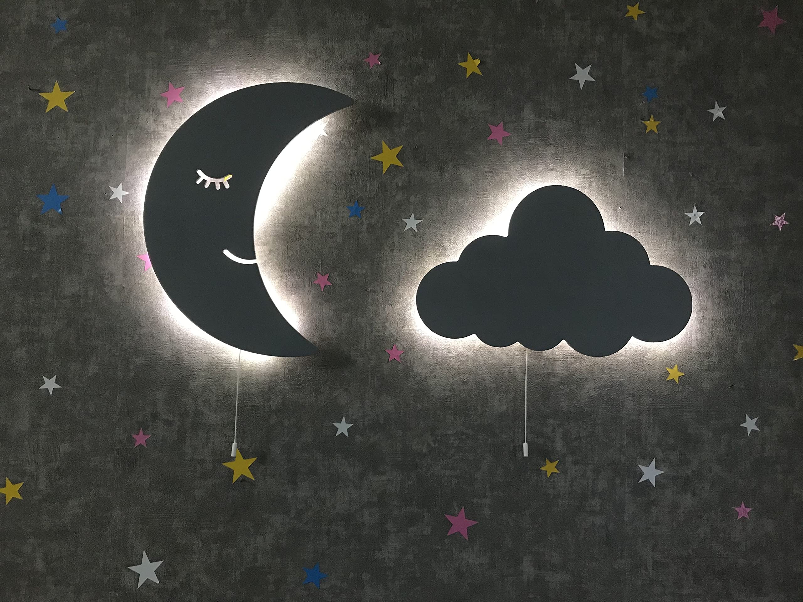 Juego de 2 luces nocturnas de luna y nube para niños, inalámbricas, funciona con pilas, decoración para guardería y habitación de niños, luz nocturna LED suave para bebé, lámparas de pared colgantes