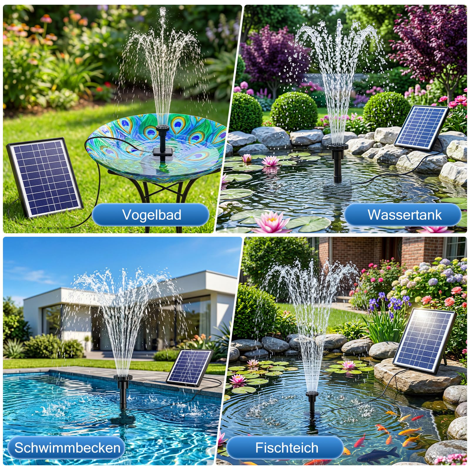 AISITIN 6,5W Solarbrunnen für Draussen, Eingebaute 1500mAh Batterie Solar Springbrunnen für Außen, Schwimmender Fontäne Pumpe mit 10 Fontänenstile für Garten,Vogel-Bad,Teich,Fisch-Behälter,Wasserspiel