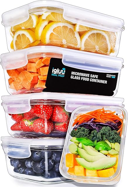 Igluu Meal Prep Glass Containers [5 PACK + EXTRA lid] - Glass Food Storage, Microwave, Oven, Freezer & Dishwasher-safe - Airtight Meal Prep Boxes with Snap Lock Steam Vent Lids, BPA-Free (840ml 28oz)