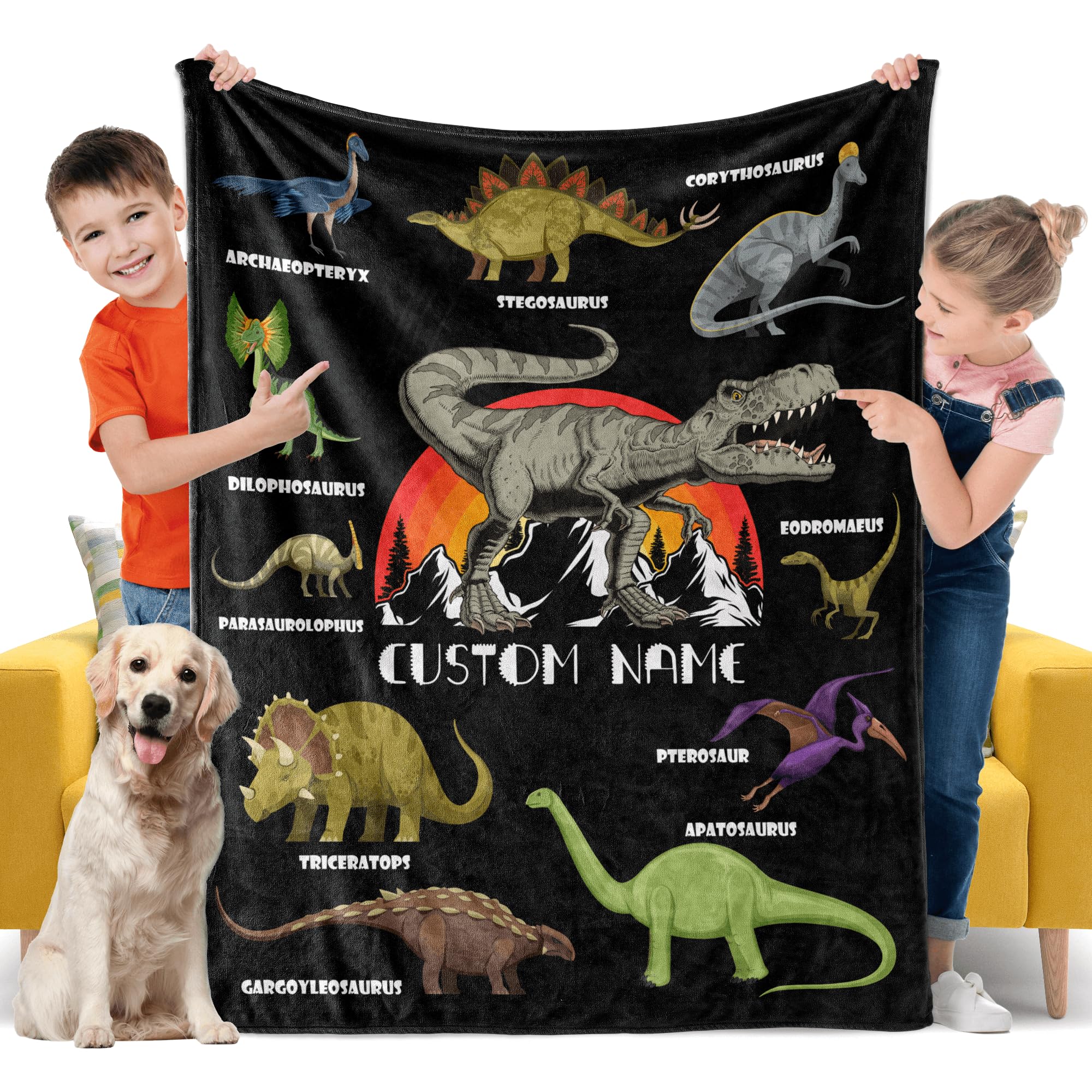 Corxiren Personalized Baby Blanket with Name Custom Dinosaur Throw Blanket for Boy Kids, Customized Name Blanket for Infant Newborn Toddler Baby Gift