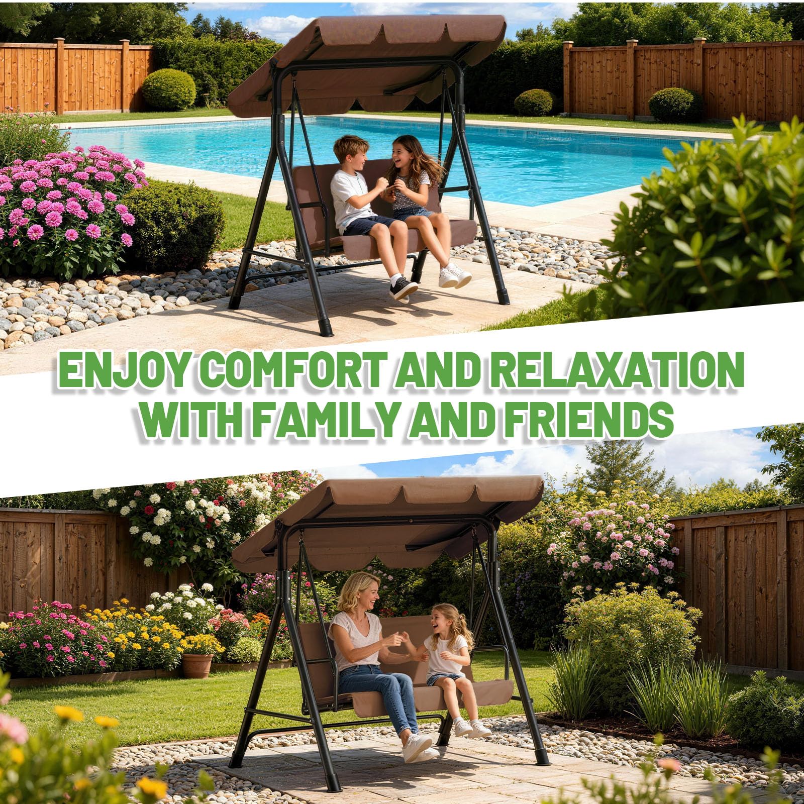 Hollywoodschaukel 3-Sitzer Outdoor mit Verstellbarem Sonnendach – Gartenschaukel mit Komfortabler Polsterung, Bis 200kg Belastbar & Teslin-Sitz – Maße 193x110x152cm (Dunkelbraun)
