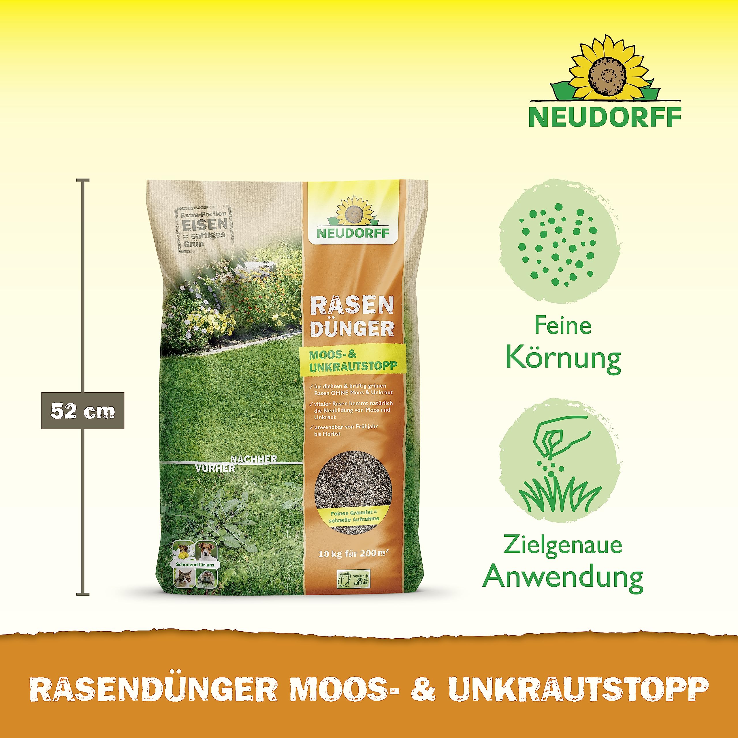 Neudorff RasenDünger Moos- und UnkrautStopp 10 kg für 200 m² mit Eisen und Kalium